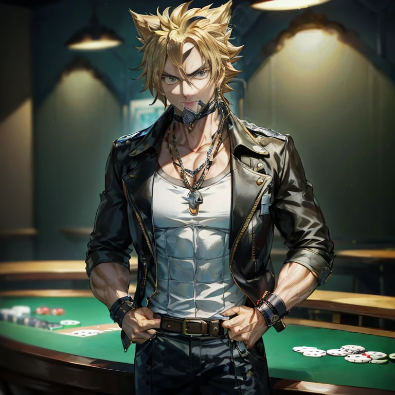 Close-up of a person standing in front of a table with a poker table, as a character in tekken, badass anime 8 K, male anime characters, dio brando, an epic anime of tuff luck, Handsome Anime Pose, makoto shinka, fighting game character, handsome guy in demon slayer art, playing poker, anime style character, keqing from genshin impact