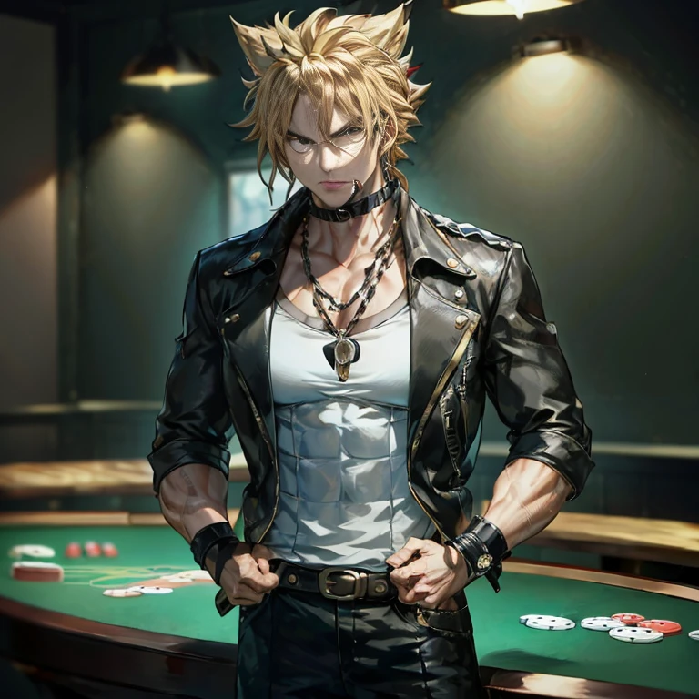 Close-up of a person standing in front of a table with a poker table, as a character in tekken, badass anime 8 K, male anime characters, dio brando, an epic anime of tuff luck, Handsome Anime Pose, makoto shinka, fighting game character, handsome guy in demon slayer art, playing poker, anime style character, keqing from genshin impact
