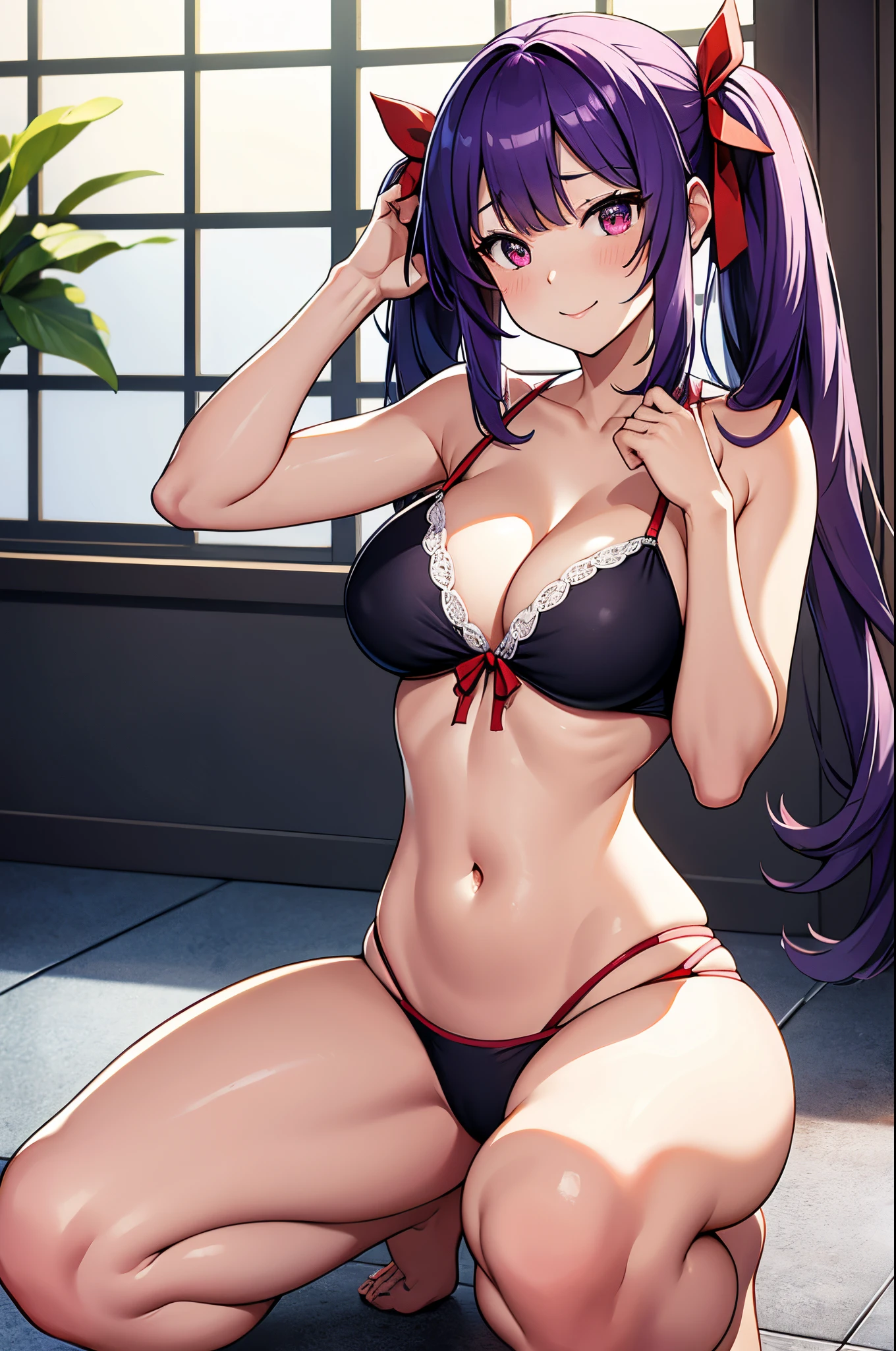 8k、Best Quality、Midsummer beach、独奏、a beauty girl、delicated face、A smile、Long pigtails、Purple hair、red eyes、Colossal tits:1.8、big butts:5.5、big breasts thin waist、Beautiful constriction、shinny skin、beauty legs、cleavage of the breast、crouching down、Tie your hair with a red ribbon、Low-rise swimwear、rubbing own breast、