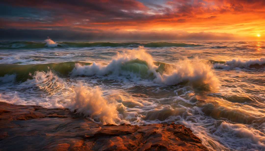 arafed view of a dawn over the ocean with waves crashing, chaotic sea setting, breathtaking colors, breathtaking look, breathtaking composition, beautiful sea landscapes, stunning dawn, magnificent background, dawn glow, beautiful background, beautiful dreamy breathtaking, marc adamus, warm beautiful scene, epic dawn, beautiful dawn, beautiful dawn glow, beautiful ocean