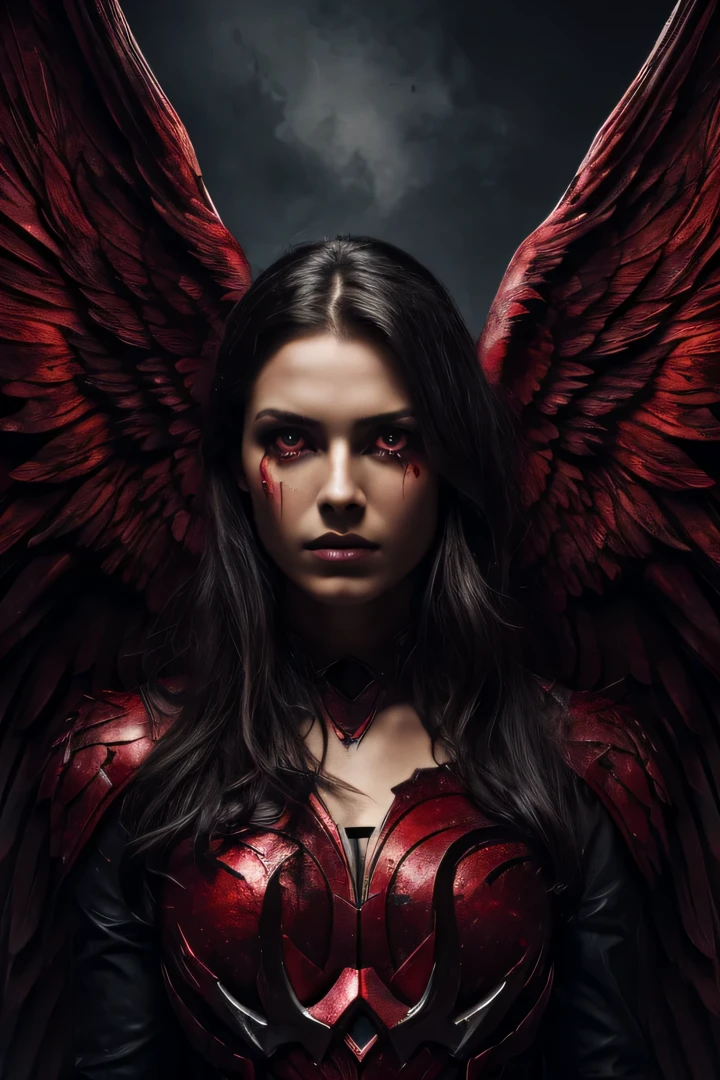 8k, Detalhes altos, high resolution, maximum quality, High Definition RAW color photos, fotografia profissional, Fallen Cosmic Angel, anjo bonito, with tears and blood on your face, com asas grandes, dois olhos brilhantes muito vermelhos, estranho, assustador