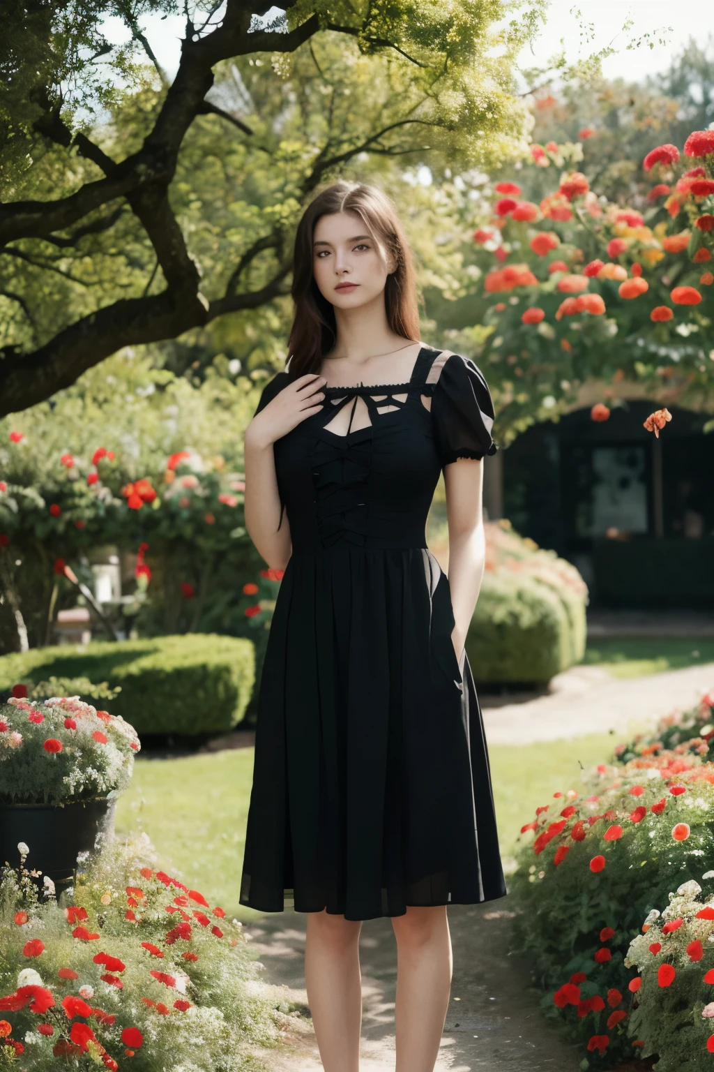 (best quality, Meisterwerk:1.2), 18yo girl in the garden, schwarzes Kleid mit Ausschnitt, (Rote Blumen im Hintergrund:1.3)