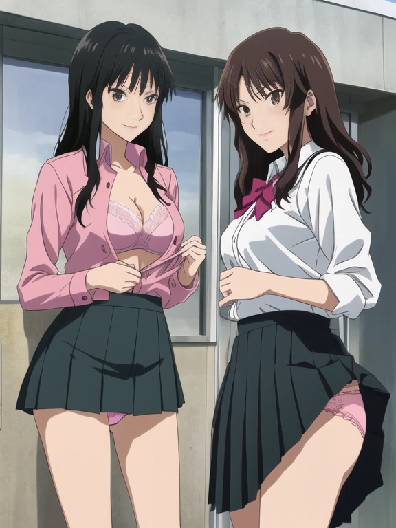 Best Quality, masutepiece, 超A high resolution, (Photorealistic: )2D official style cel animation、In front of the station、amagami High school students、in school uniform、Unbutton your shirt、pink lace brassiere、Skirt combing、Pink Lace A dark-haired teats Boobs Ere