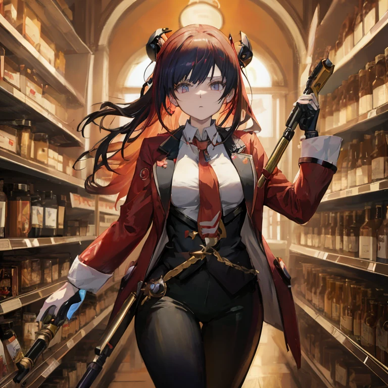 Anime girl in a store with a gun and a gun in her hands, from arknights, Ayaka Genshin Impact, best anime 4k konachan wallpaper, alchemist girl, Rin Tohsaka, akane owari danganronpa, badass anime 8 K, ayaka game genshin impact, annie from league of legends