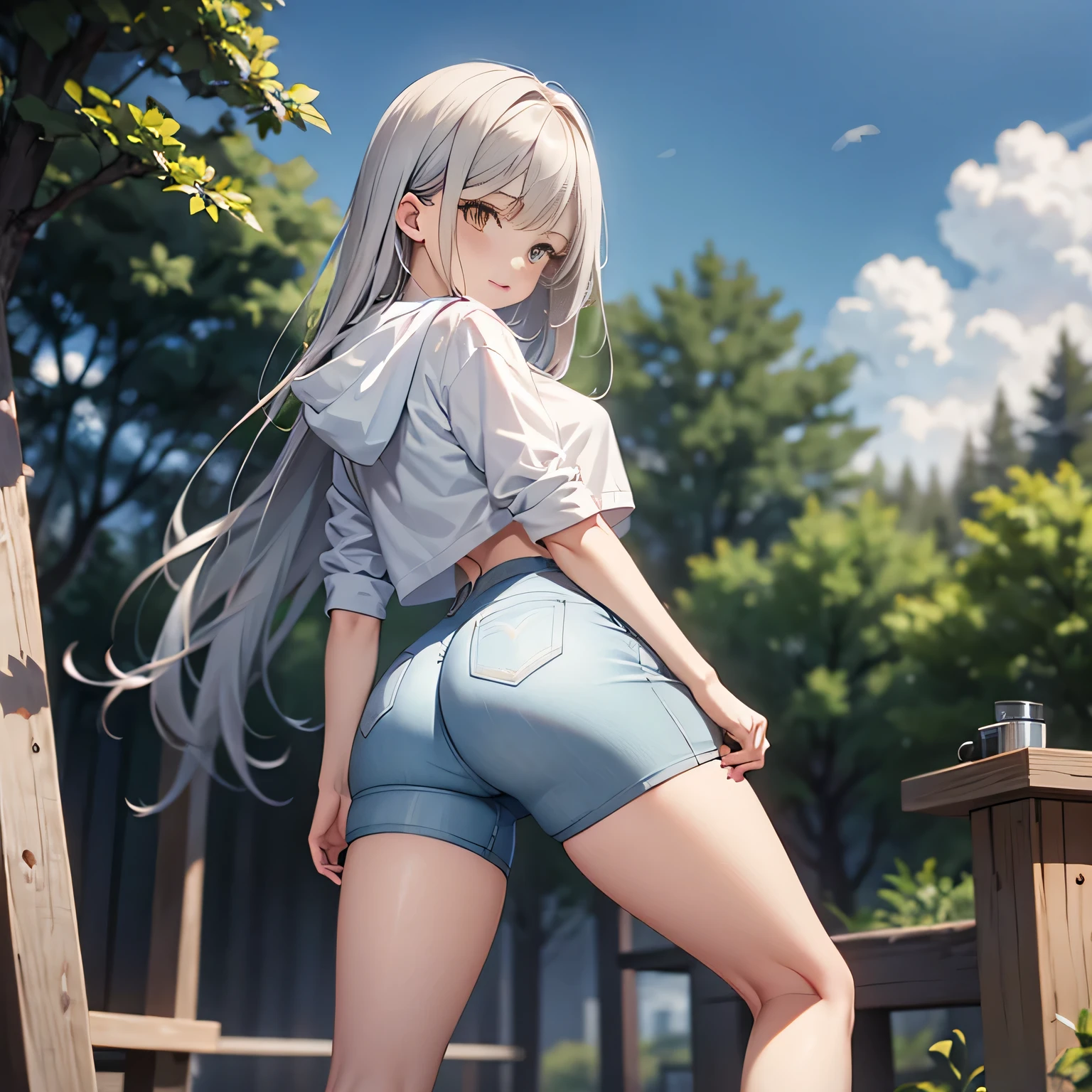 Anime girl in short shorts and a shirt standing on a wooden platform ...