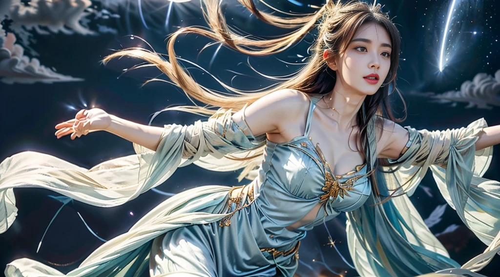 A fairy，satin gauze gown，Fringed Hair Ornament，Long white hair，Big chest，Charming side face，fly，A night sky with stars