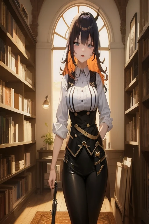 Anime girl in black clothes with orange hair and a gun, epic light novel art cover, Official Character Art, detailed anime character art, marin kitagawa fanart, epic light novel cover art, best anime 4k konachan wallpaper, Portrait of a female anime hero, a female anime character, Ayaka Genshin Impact, Female protagonist 👀 :8, badass anime 8 K
