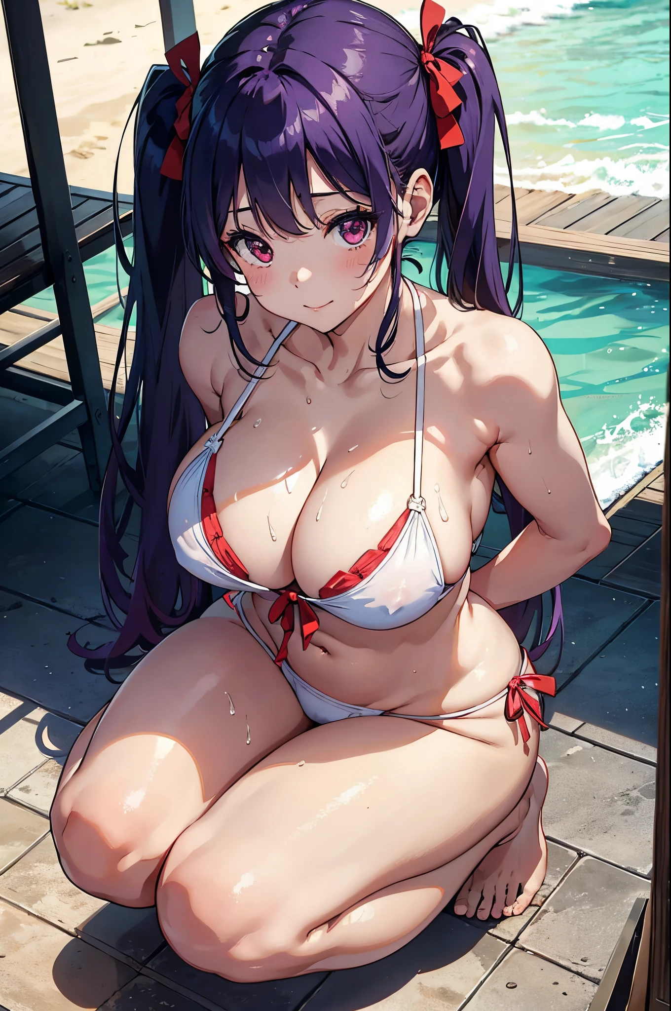 8k、Best Quality、Midsummer beach、独奏、a beauty girl、delicated face、A smile、Long pigtails、Purple hair、red eyes、Colossal tits:1.8、big butts:5.5、big breasts thin waist、Beautiful constriction、shinny skin、beauty legs、cleavage of the breast、crouching down、Tie your hair with a red ribbon、Low-rise swimwear、whole body soaked、rubbing own breast、white naughty bikini、
