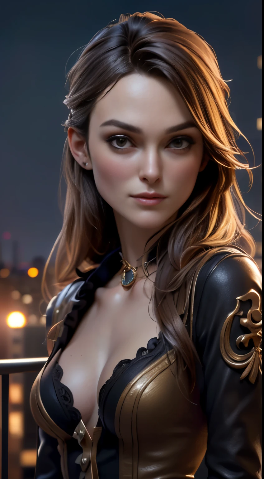 photo of Keira Knightley, RAW, beautiful woman, ((portrait)), ((detailed face:1.2)), ((detailed facial feature, detailed skin, clear skin), (perfect proportioned body, medium breasts), (wearing a pirate dress) (high detailed city environment, apartment balcony), (realistic photo, best quality, detailed), (8k wallpaper), (cinematic lighting, dramatic lighting) (sharp focus, intricate)