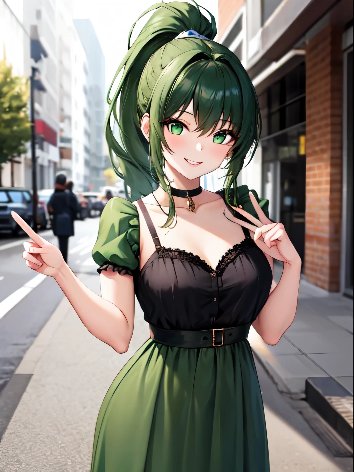 1girl, green eyes, dark green hair, ponytail, small breasts, wide waist, beautiful green dress, street, sweet smile, peace sign on fingers
