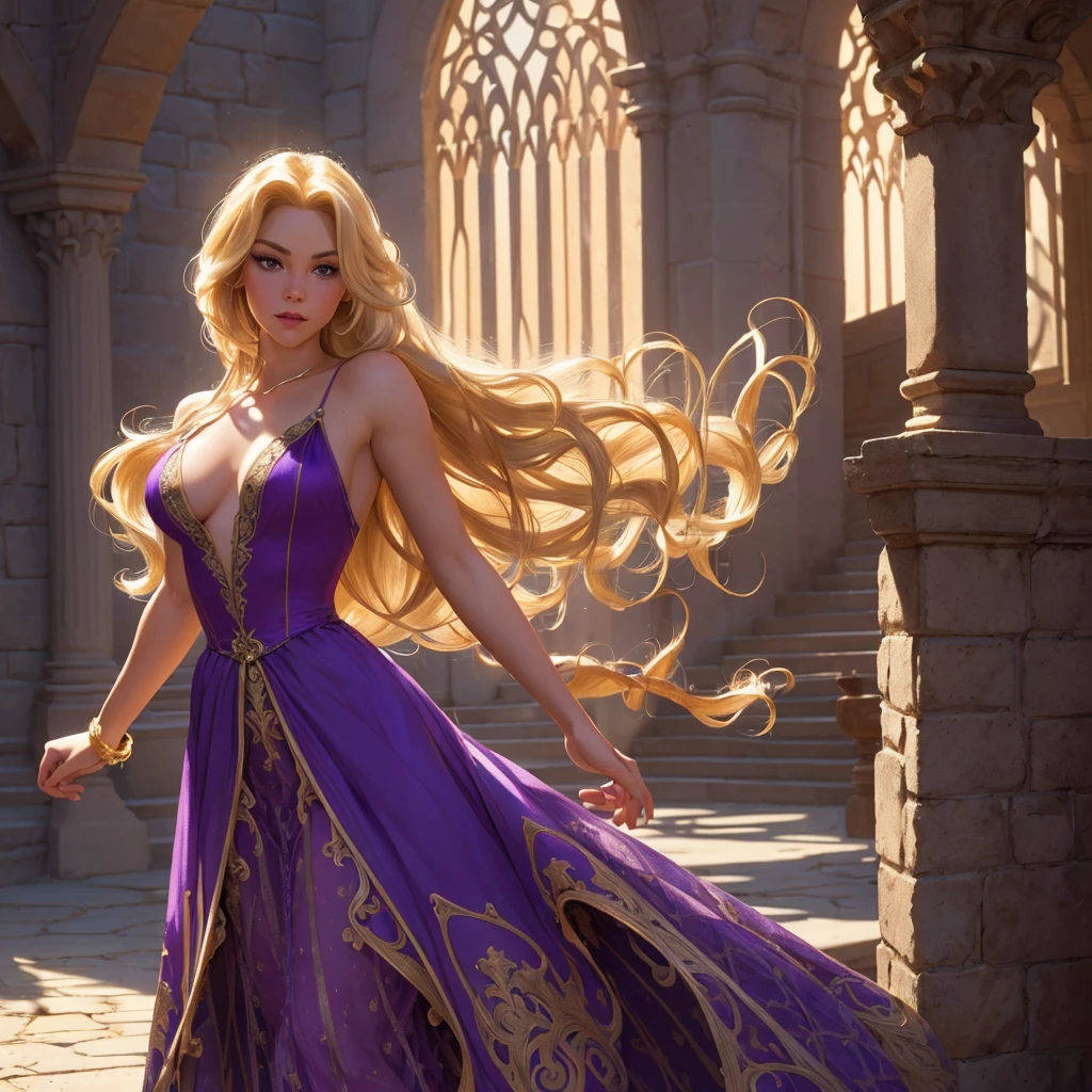 Photorealistic pin-up Rapunzel from Disney’s Tangled, incredibly beautiful athletic blonde woman, extremely long golden hair, short purple minidress with plunging neckline revealing large chest. Fantasy Castle background. intricate details, HDR, beautifully shot, hyperrealistic, sharp focus, 64 megapixels, perfect composition, high contrast, cinematic, atmospheric, moody