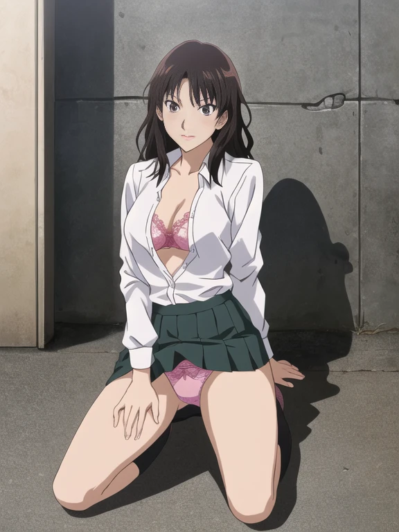 Best Quality, masutepiece, 超A high resolution, (Photorealistic: )2D official style cel animation、In front of the station、amagami High school students、Landmine fashion、Unbutton your shirt、pink lace brassiere、Skirt combing、Pink Lace Panties A dark-haired teats Boobs Exposure