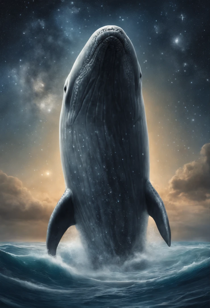 Huge gray whale (anatomically correctly drawn body) jumps out of the starry sea into the sky, Magnetic storms, the night, starry sky sea, huge gray whale in the starry sky, Jean-Baptiste Monge, anthropomorphic --ar 2:3 --testp -optimistic; straight hair