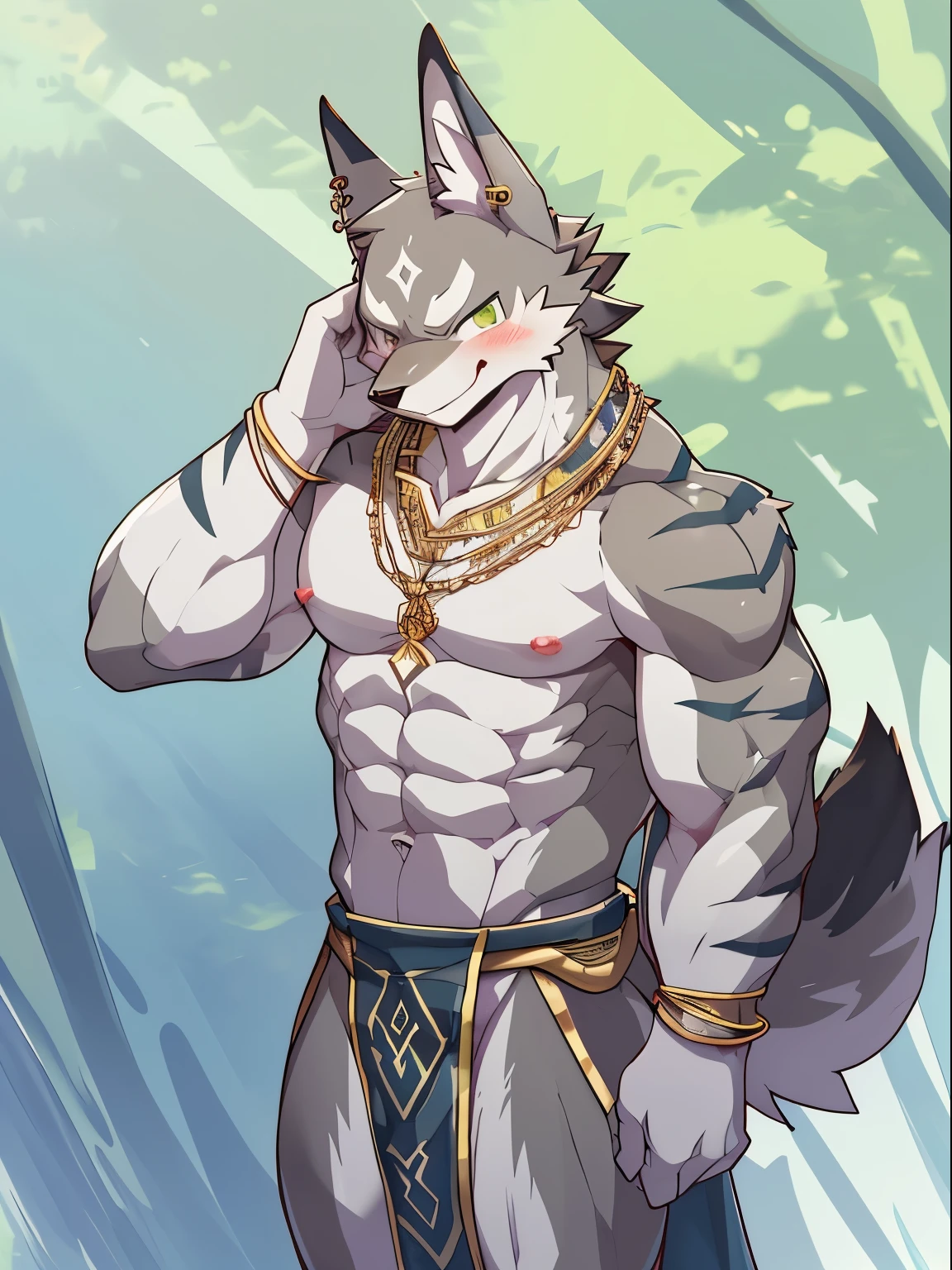 Seto (Tokyo After-School Summoners), Seto(Wandering Longing), Seth (it), Seto, Kazuma Koda, coyote, gold necklace, Gold jewelry, Ear piercing, wear a loincloth, Green Eye, Grey Body, white body, Brown Body, stripes, stripes 몸체, High Quality, 8K, High image quality, NSFW Works, yiff, R-18, pixiv, shadowy, A composition where the whole body is visible, The right ratio, skiny, Sexy, Muscular, Sexy muscles, 큰 Muscular, 남성 Muscular, Erotic, blush, Taking off my smile, Shameful, Shame, excited