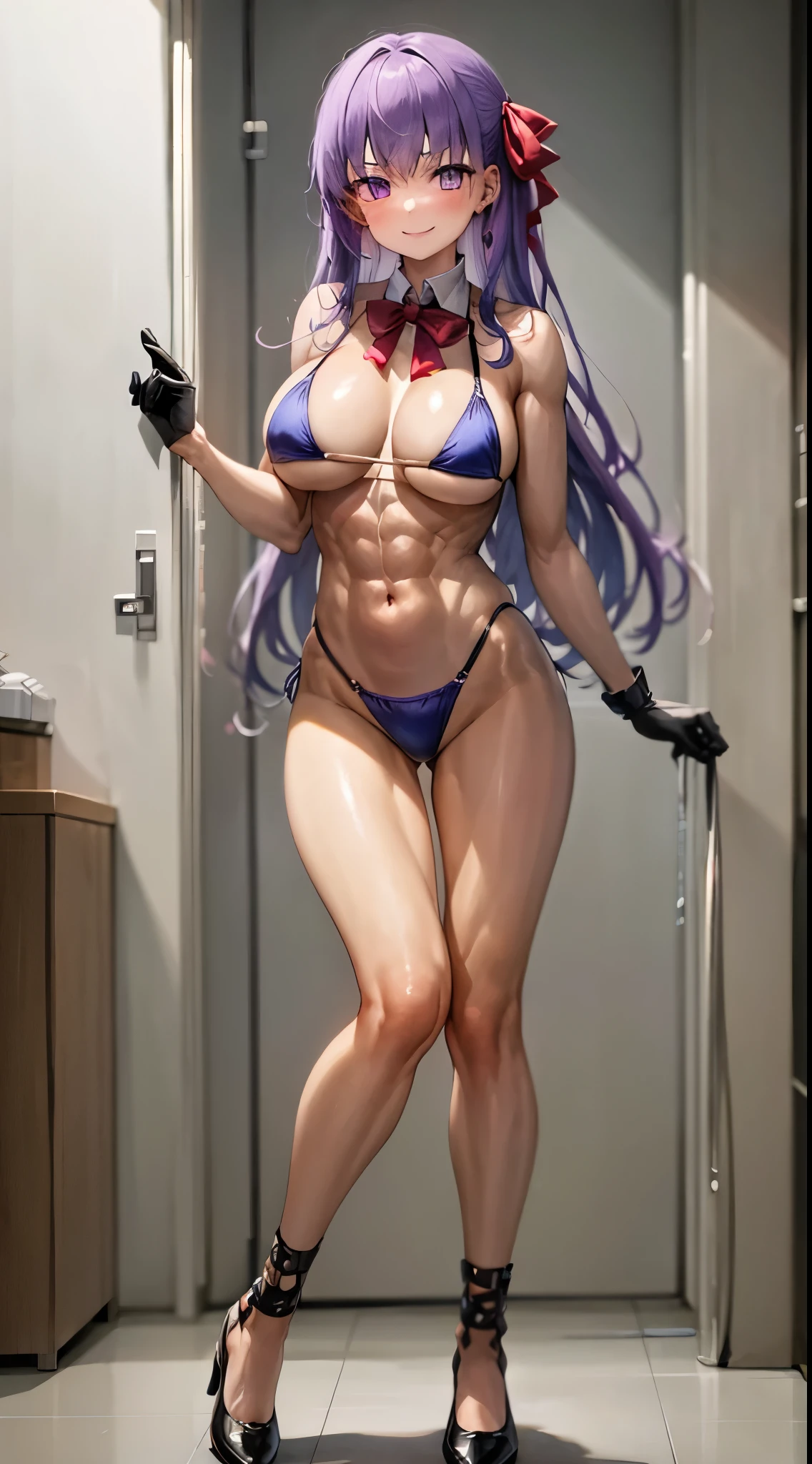(((1 girl))), Hugo, NFFSW, (purple hair), long hair, bangs, (purple eyes: 1.1), (big breasts: 1.2), (very short and sexy bikini), ( muscular thighs), slim legs, {{{slim body}}}, slim arm, muscular abdomen, slim waist, wide hips, wearing a black high-heeled shoe, black gloves, hair ribbon, red bow, ribbon bow, break looking at the viewer, break billboards, break (masutepiece: 1.2) ,evil smile、(standing)、beautiful legs、in the motel room、