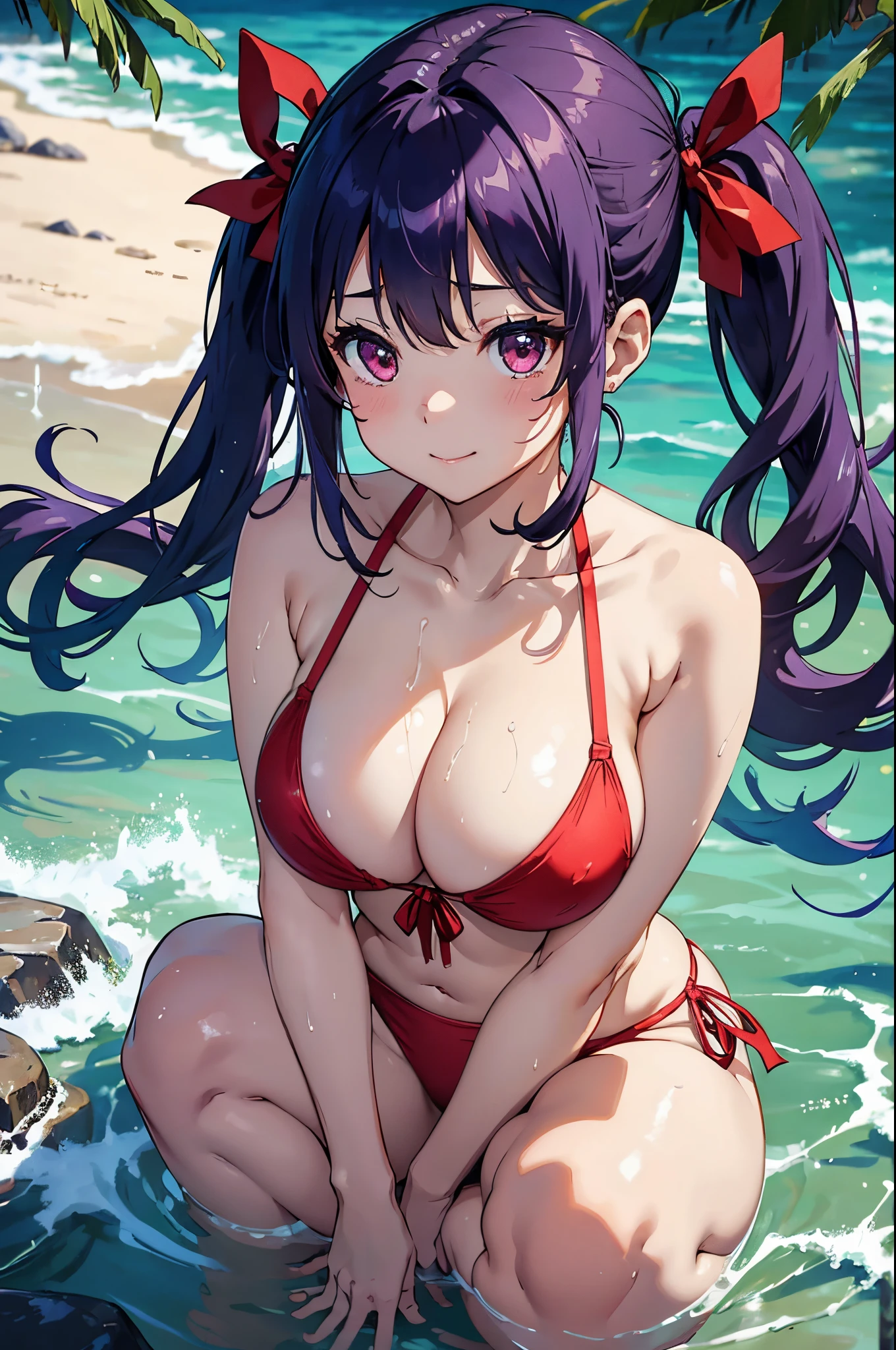 8k、Best Quality、Midsummer beach、独奏、a beauty girl、delicated face、A smile、Long pigtails、Purple hair、red eyes、Colossal tits:1.8、big butts:5.5、big breasts thin waist、Beautiful constriction、shinny skin、beauty legs、cleavage of the breast、crouching down、Tie your hair with a red ribbon、Low-rise swimwear、whole body soaked、rubbing own breast、white naughty bikini、