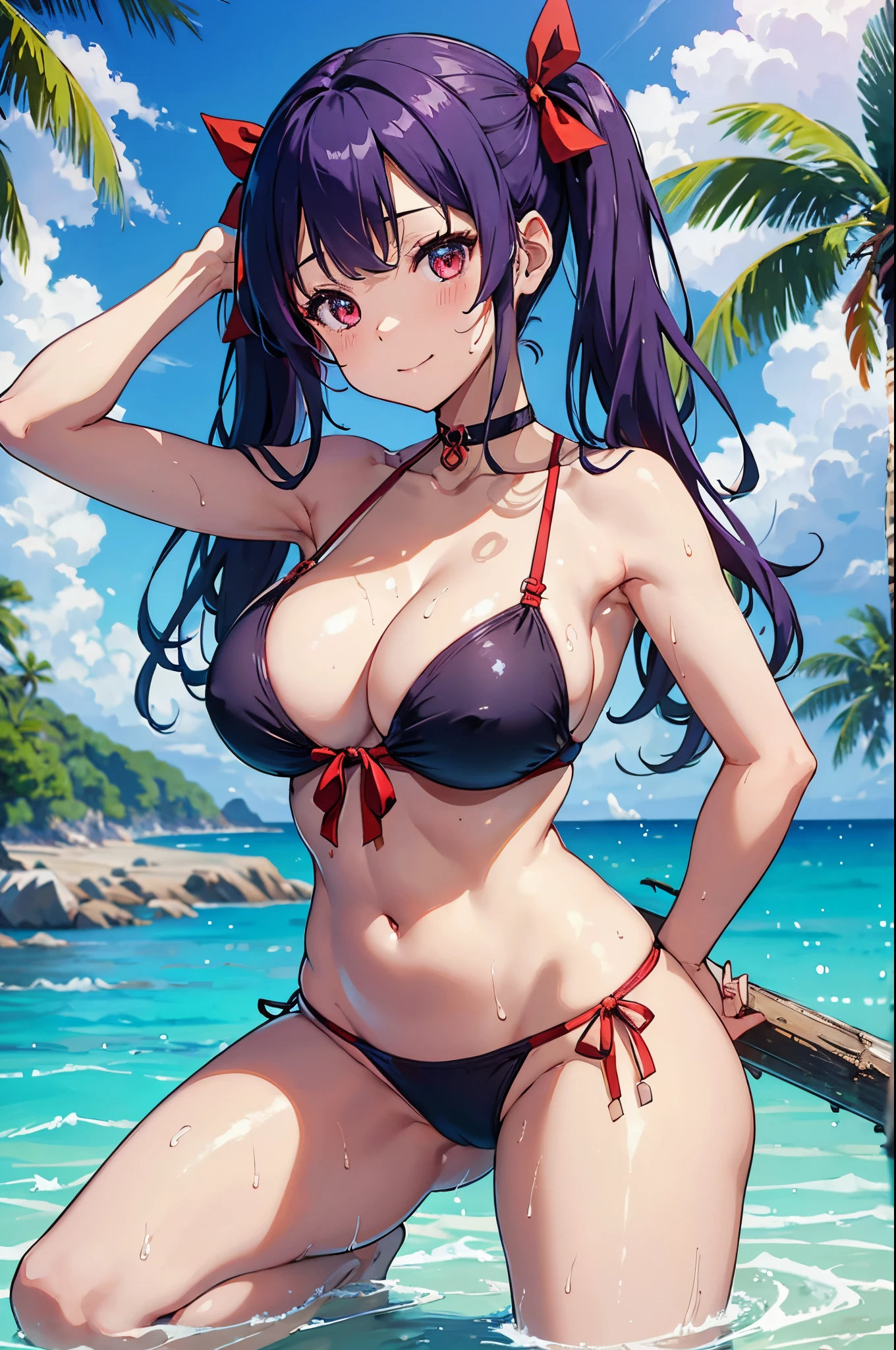 ８k、Best Quality、Midsummer beach、独奏、a beauty girl、delicated face、A smile、Long pigtails、Purple hair、red eyes、Colossal tits:1.8、big butts:5.5、big breasts thin waist、Beautiful constriction、shinny skin、beauty legs、cleavage of the breast、crouching down、Tie your hair with a red ribbon、Low-rise swimwear、whole body soaked、grabbing her own breasts、Naughty Poses、