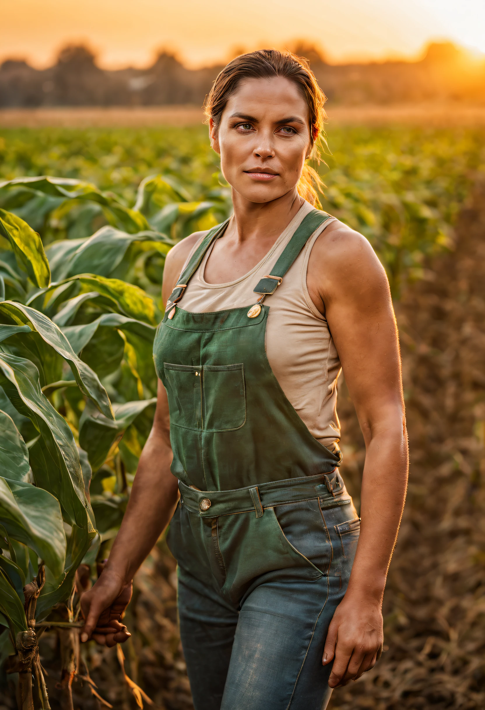 In the golden light of the countryside, a beautiful and sexy female farmer tends to her fields with a sense of purpose and determination, her sweaty body is shining, Her connection to the land is evident as she nurtures the crops with care and expertise, embodying the timeless spirit of agricultural stewardship., textured skin, anatomically correct, masterpiece, highres, best quality, 16k