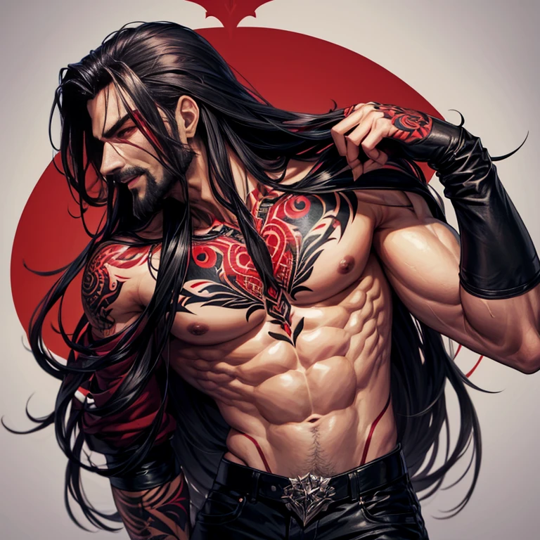 He's the villain, tattoos, dark, male, long hair, light facial hair, red, not vampire