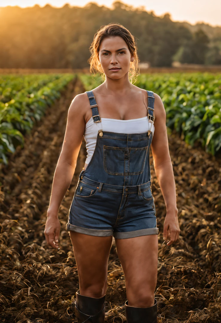 In the golden light of the countryside, a beautiful and sexy female farmer tends to her fields with a sense of purpose and determination, detailed skin, perfect eyes, skin blemish, her deep cleavage and sweaty body is shining, Her connection to the land is evident as she nurtures the crops with care and expertise, embodying the timeless spirit of agricultural stewardship., textured skin, anatomically correct, masterpiece, highres, best quality, 16k