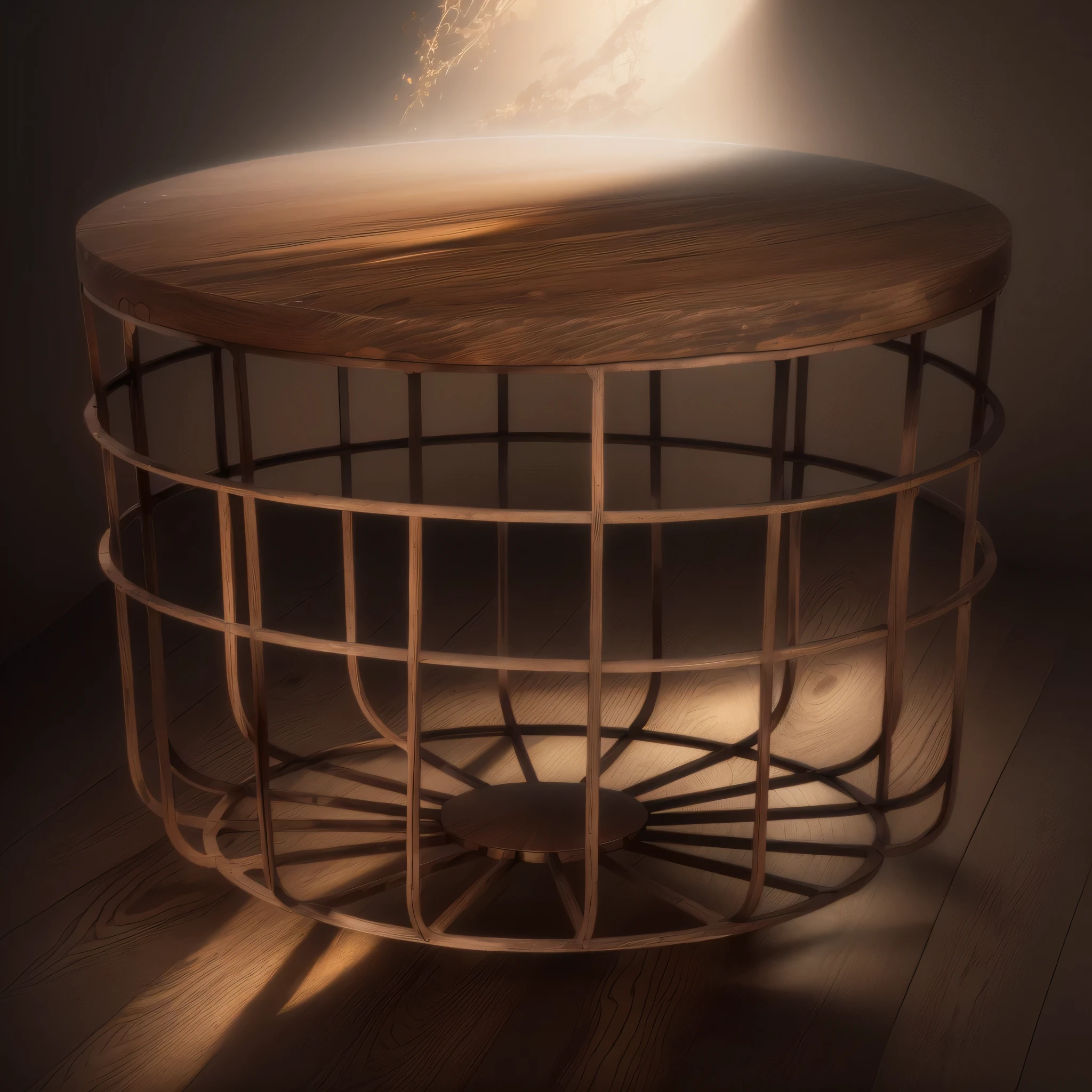 round wooden table with metal wire and wooden top, natural wood table top, full lenght view, full body view, wooden table, Table, Zido, Planet, Inspiring, Fuller, full image, rustic, bottom angle, more detailed, desktop, Maxar, Focus on the table, atom, Bangalore, mesh, Lighting of the territory, Perfect detail