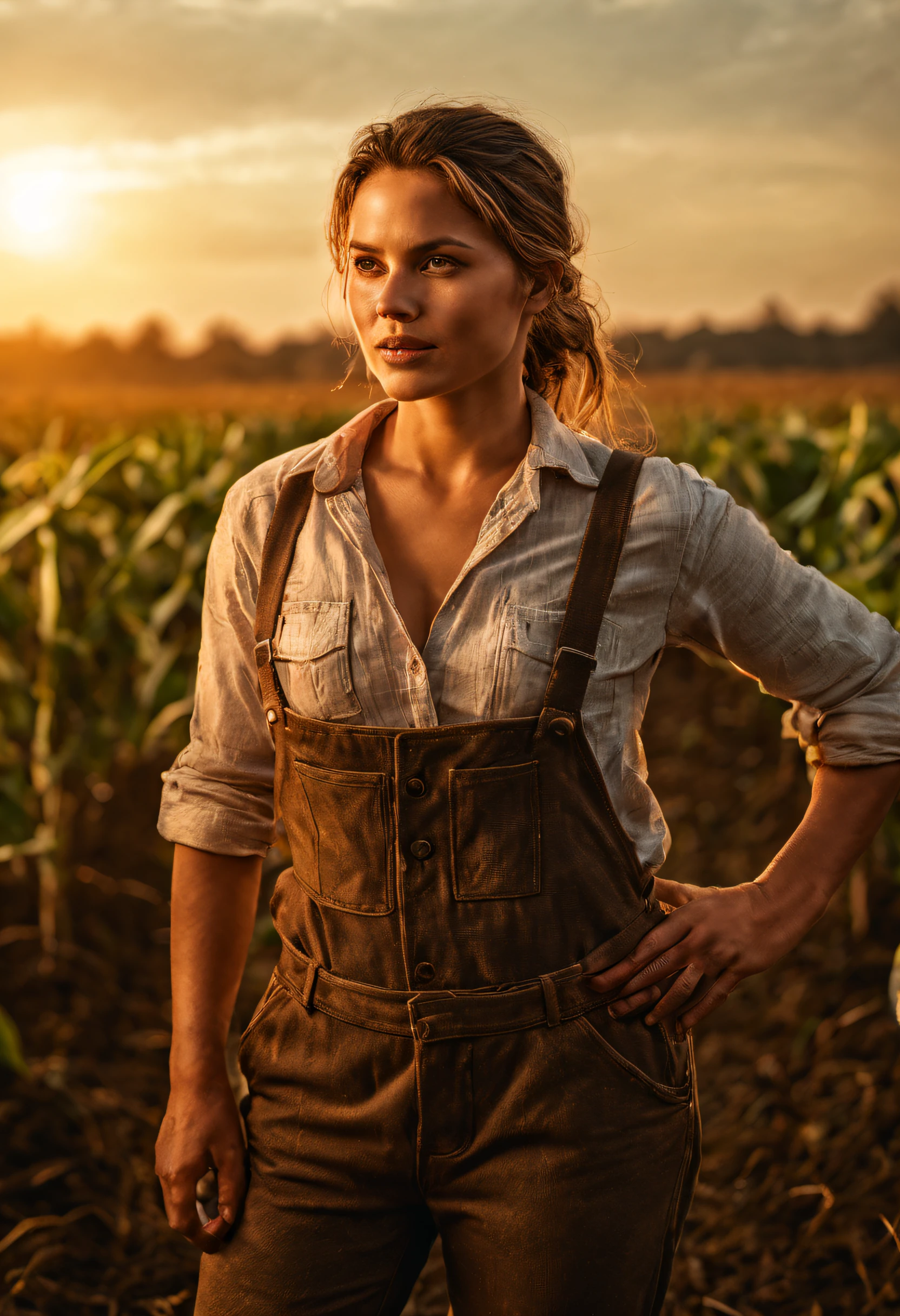 In the golden light of the countryside, a beautiful and sexy female farmer tends to her fields with a sense of purpose and determination, detailed skin, perfect eyes, skin blemish, her deep cleavage and sweaty body is shining, Her connection to the land is evident as she nurtures the crops with care and expertise, embodying the timeless spirit of agricultural stewardship., textured skin, anatomically correct, masterpiece, highres, best quality, 16k