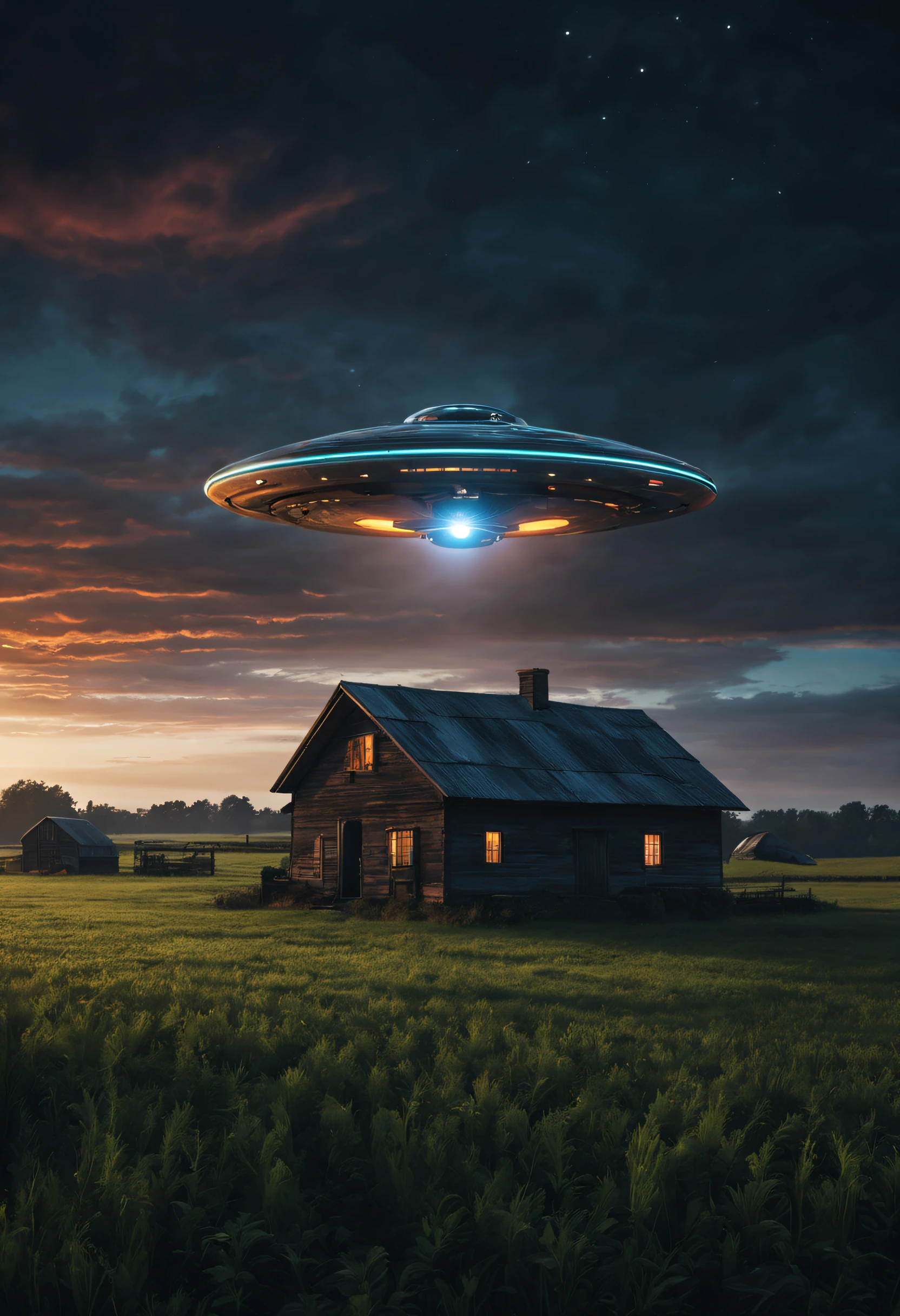 In the tranquil expanse of a rural farm, an otherworldly UFO has landed, casting an eerie glow across the fields. The juxtaposition of the futuristic spacecraft against the rustic backdrop creates a visually captivating and thought-provoking scene that evokes a sense of wonder and intrigue.