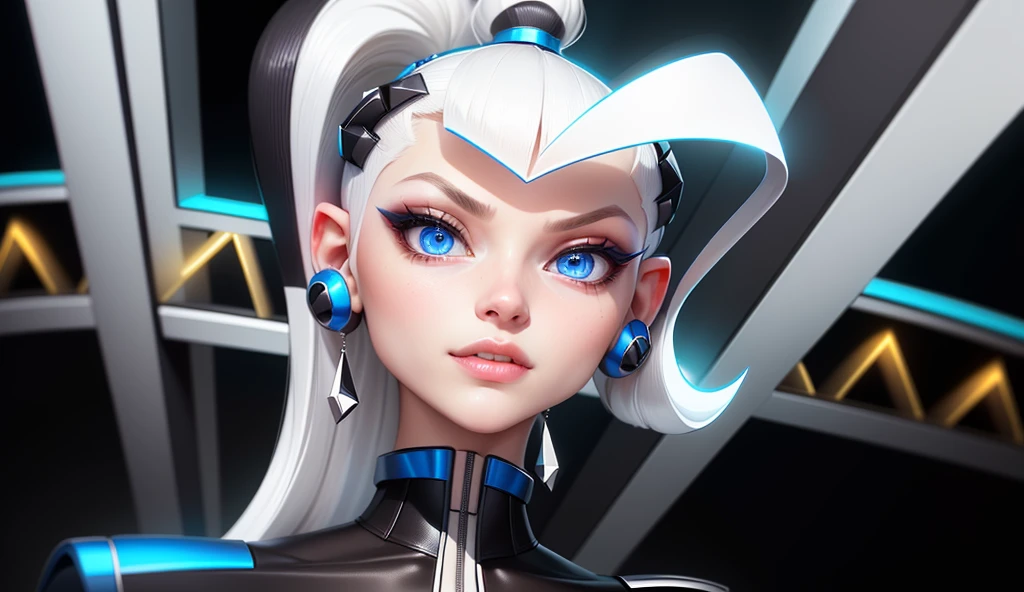 1 girl, beautiful,sharp features,hyper realistic,8k, white hair in high ponytail , strand of hair sticking out, earings that look like screws, seductive features,blue eyes