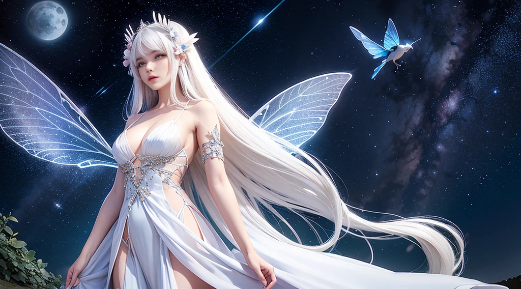A fairy,satin gauze gown,Fringed Hair Ornament,Long white hair,Big chest,Charming side face,fly,A night sky with stars