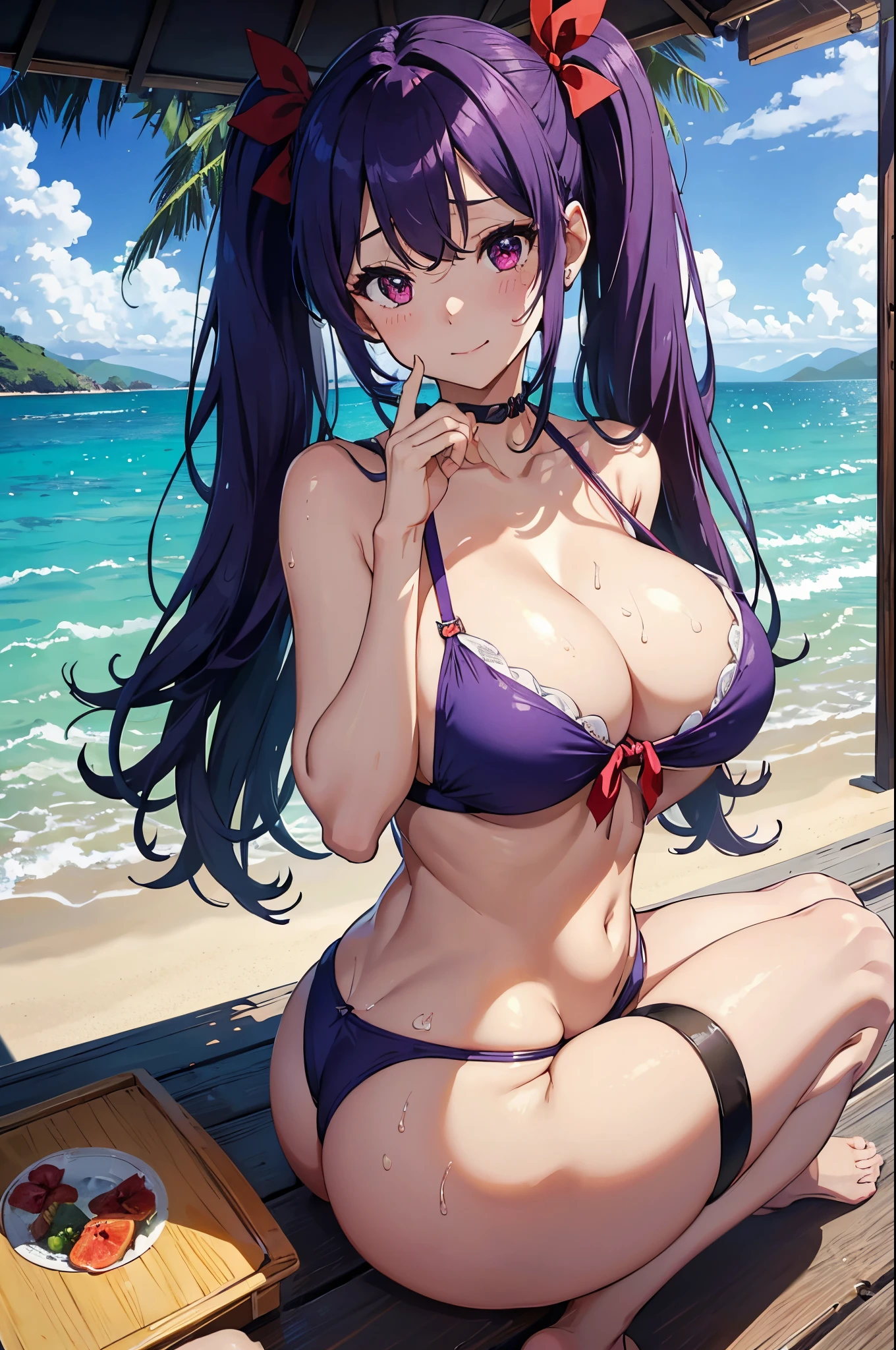 ８k、Best Quality、Midsummer beach、独奏、a beauty girl、delicated face、A smile、Long pigtails、Purple hair、red eyes、Colossal tits:1.8、big butts:5.5、big breasts thin waist、Beautiful constriction、shinny skin、beauty legs、cleavage of the breast、crouching down、Tie your hair with a red ribbon、Low-rise swimwear、whole body soaked、rubbing own breast、Naughty Poses、