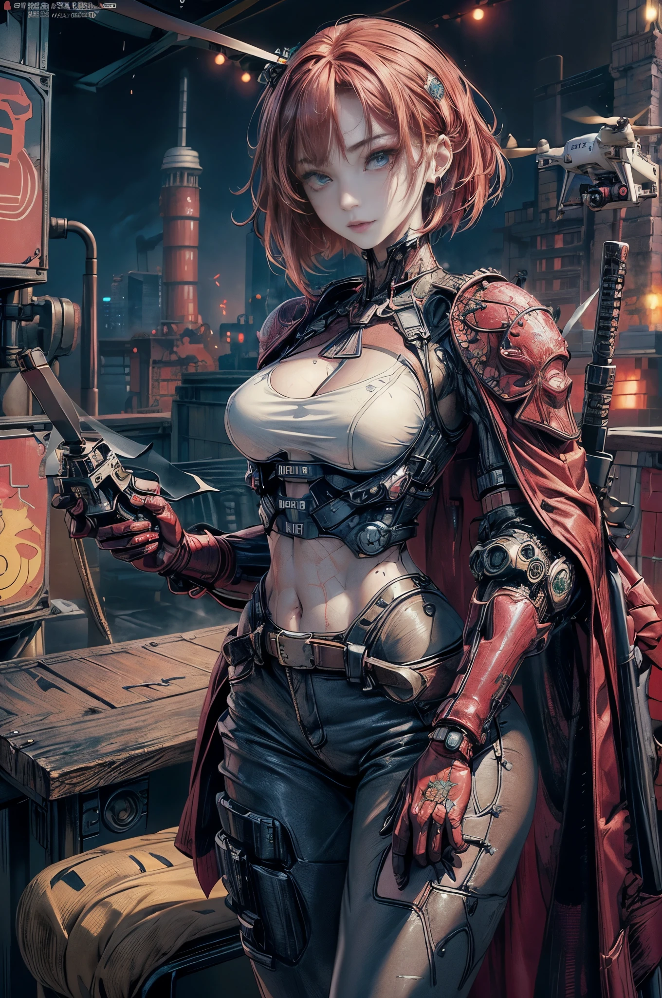 Cinematic lighting、16k picture quality、highlydetailed skin、masutepiece,1girl in, Solo、Best Quality,cyberpunked,(1beautiful woman、Detailed beautiful facial features:1.3)(Red color medium bob hair)blue eye break cinematic lighting、16k picture quality、highlydetailed skin,1girl in, Solo、Best Quality,cyberpunked,(1beautiful woman、Detailed beautiful facial features:1.3)(Red color medium bob hair、Long bangs:1.3)(well-shaped breasts:1.3)Blue eyes that are about to leak, down jacket combat uniform、belly button baggy pants、(A smile、Touching hair with one hand:1.3)(1 Pick up a high-tech weapon:1.5)、Dirt and blood stains can be seen on the body(a sultry、Steam from the body:1.4)(An old factory that no one uses、Destroyed robots:1.2)(A shuttle helicopter overhead、drone:1.4)