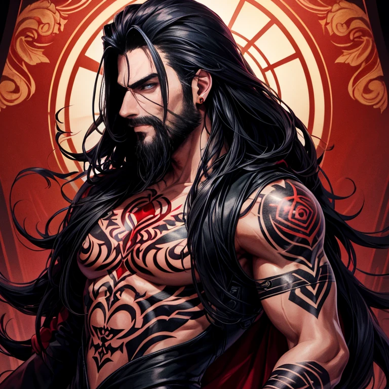 He's the villain, tattoos, dark, male, long hair, light facial hair, red,