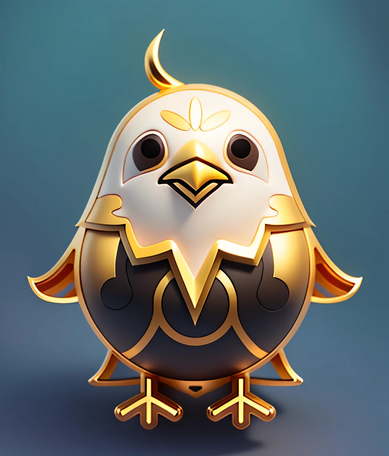 A cute bronze bird，shaped like an eagle，round belly，Has a bronze-like appearance，The body is painted with golden bronze patterns，achromatic eyes，White pupils，There is a golden circle outside the eyeehind is a short tail，A pinch of dull hair on his head