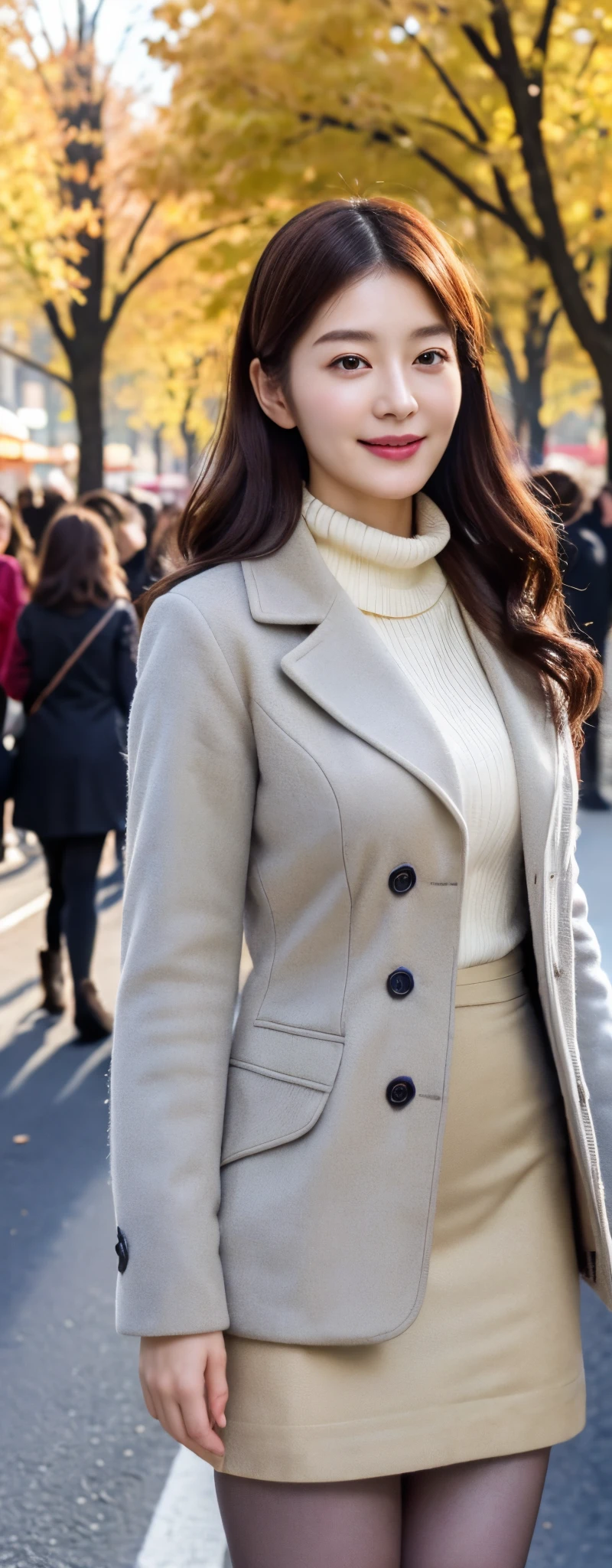 (8k, RAW photos, top quality, masterpiece: 1.2, ultra detailed, super resolution, real photos: 1.37), (Full body photo), 1 noble elegant Japanese lady, (standing contrapposte), winter season, ((winter pale color coodinate, wearing over-size grey coat, winter fluffy skarf, beige long skirt, black tights, wearing long boots)), Shiny, Smile, Looks like 1.8 meters tall, large pelvis, Large breasts, big cuvy hips, Thin waist, Long legs, skin hyper-detail, 20 years old, Perfect face, (Detailed facial features), Wavy hair, Daylight, autumn season, center of street, crowd of people,