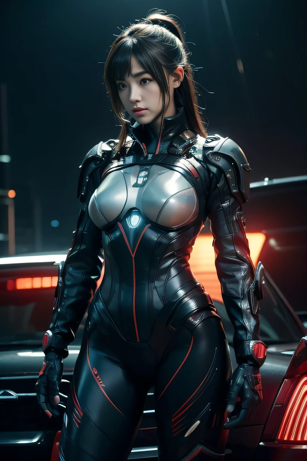 Armored type, stealth, character  design, The content is very detailed, Complicated details,cyber punk personage, Female shape，tightsuit，Full body lesbian，(dynamicposes:1.0),Just focus,(are in the center,Scale to fit the dimensions,the rule of thirds), 夜晚的海边cyber punk personage城市, There are bright neon lights and dark storm clouds and puddles, scenecy:1.25, A high resolution, Focus sharp, (ultra - detailed, The content is very detailed), (realistic artwork:1.37),(The content is very detailed CG unity 8k wallpaper),((Synthetic wave background theme)),(((vibrant with colors))),(intricate background),(tmasterpiece),(Best quality),