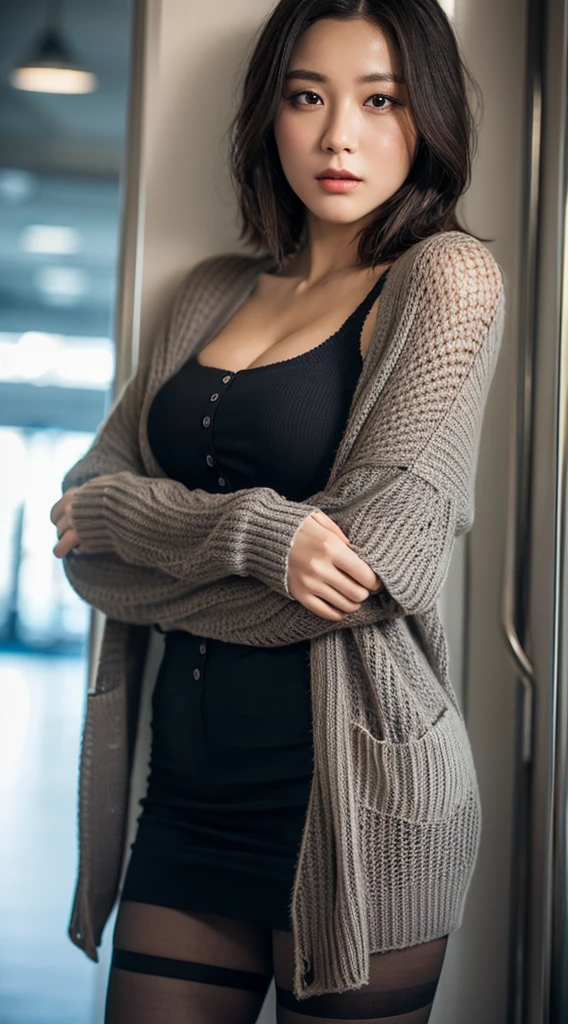 (Crowded trains:1.3), (, ,cosmetatiful detailed eyes,s delicate face:1.3),(blackminiskirt,Black slim fit pantyhose:1.3),(Long hair,dark red lips) 40k, photore, tmasterpiece, Best quality at best, dark grey background, (of gorgeous women), Hourglass-shaped, (Black transparent cardigan: 1.3),(blackminiskirt:1.3)Bigchest,Chopping, striking various poses. raw,(8K, Best quality at best, tmasterpiece:1.2),(Complicated details:1.4),(photorerealistic:1.4),octaneratingrendering, 复杂的3D渲染hyper-detailing, Studio soft light, rim-light, vivd details, hyper-detailing, realistic skin textures, detailface, Very detailed CG Unity 8K wallpaper, (detailedbackground:1.2),