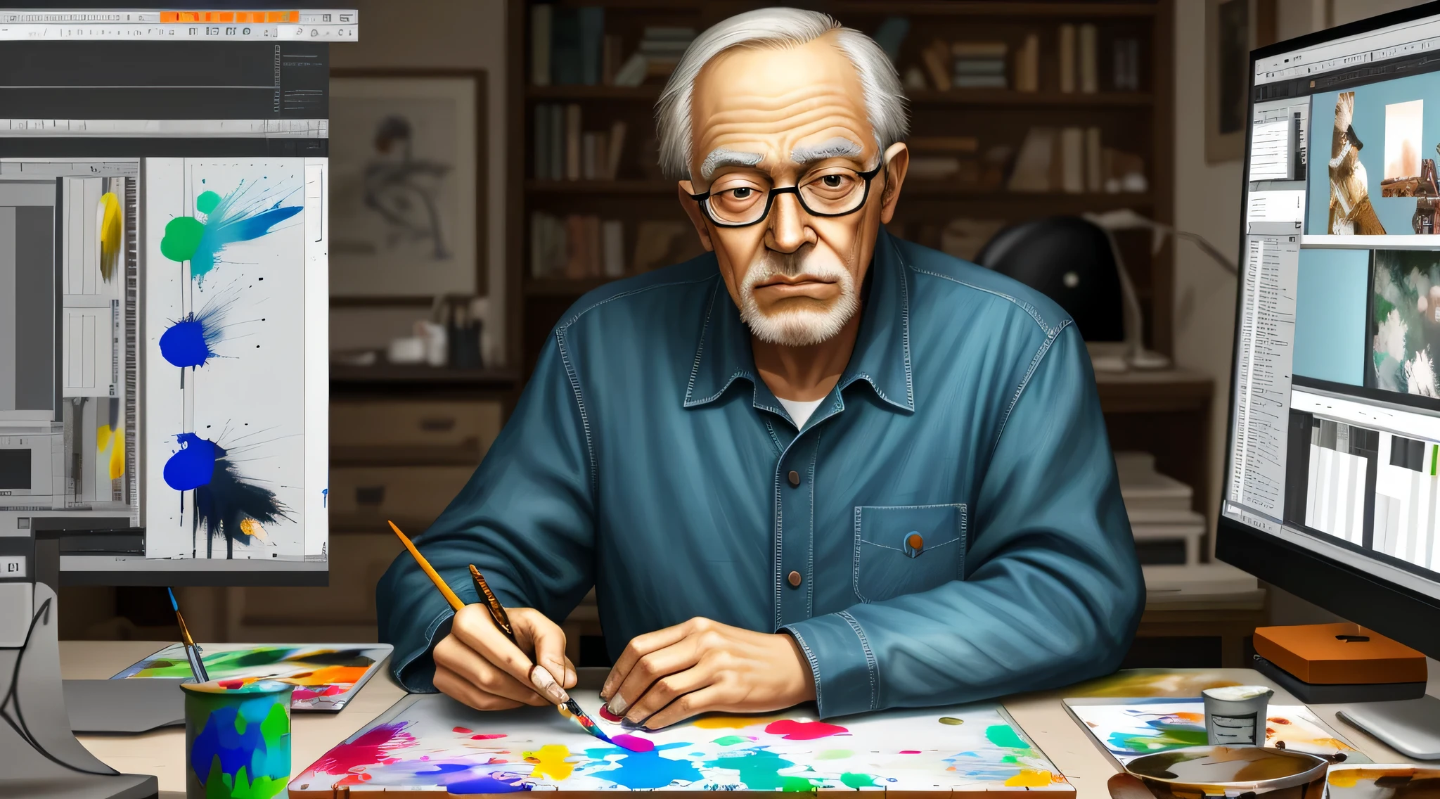 An old man wearing glasses is painting seriously，animation designer&#39;tabletop，General arrangement of various brushes and paints，