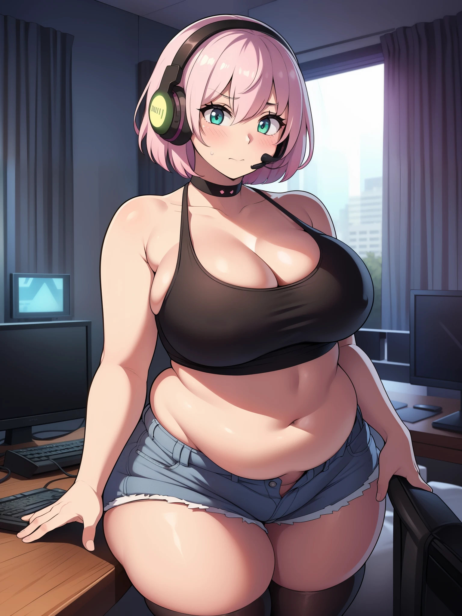 ((Masterpiece)), perfect anatomy, perfect shading, field of depth, (best quality), extremely delicate and beautiful, perfect lighting, detailed face, ultra cute face, cute, (cowboy shot 1.2), full body, (((1girl))), (((solo))), gamer girl, short hair, fluffy hair, pink hair, hair covers one eye, green eyes, ((blush))), shy, nervous, (black tank top 1.2), (shorts 1.2), headset, thigh highs, chocker, extremely tight clothes, medium breasts, cleavage, perky breasts, (((wide hips))), ((thick thighs)), ((big butt)), ((plump)), chubby belly, fat rolls, belly hang, she has a jiggly belly, gaming pc, neon lights, messy room, intricate background, detailed background,