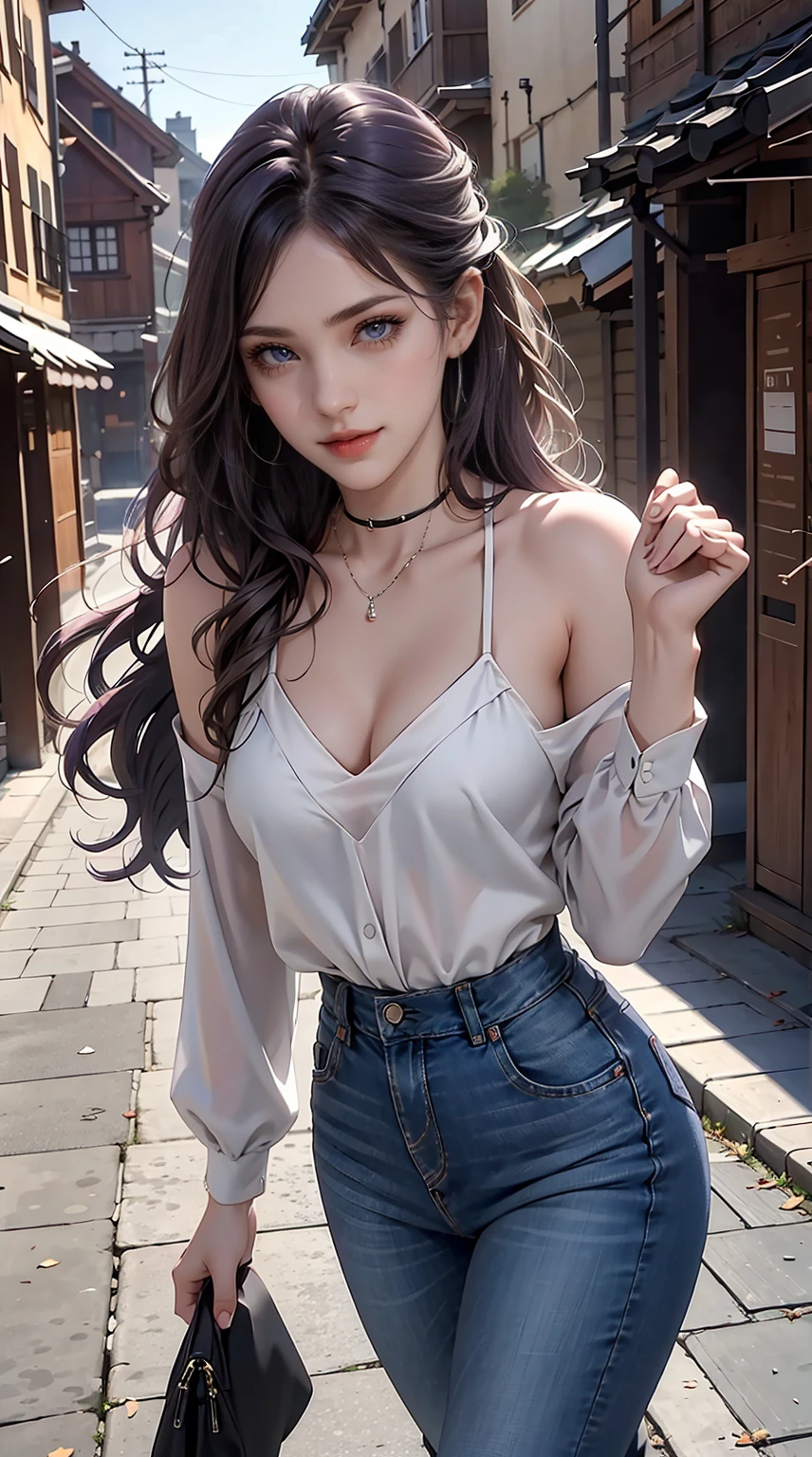 24-year-old Caucasian woman、Hair color is a gradation of brunette and purple、Hair is wavy、Eye color is blue、Longhaire、A slender、a smile、Beautiful breasts、A slenderだが均整の取れた細マッチョな身体、wearing a blouse、I'm wearing jeans、I'm wearing high heels、I'm in an alley in an old town on top of a small mountain in Europe.、a smile、I'm wearing a hair ornament、setting hair