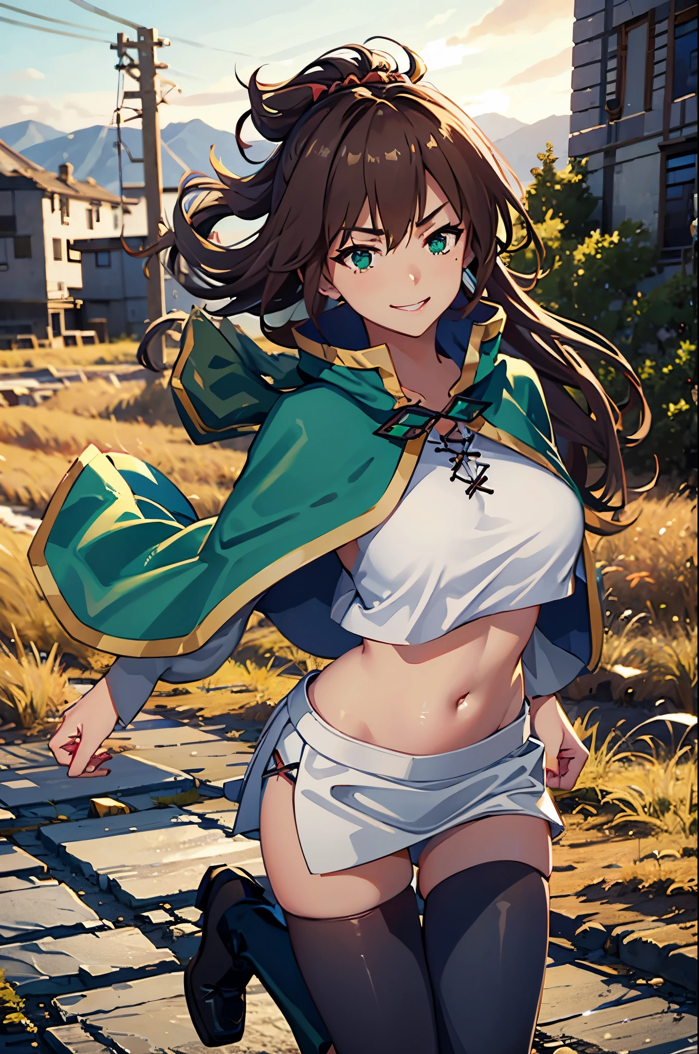 masterpiece, best quality, 1girl, kazuma girl, cowboy shot, (female body:1.3), long hair, brown hair, green eyes, green cape, capelet, boots, black pant, field, smiling, hand to hip, landscape, standing,finely detailed eyes and detailed face, extremely detailed CG unity 8k wallpaper, intricate details,depth of field, black pant, looking at viewer,