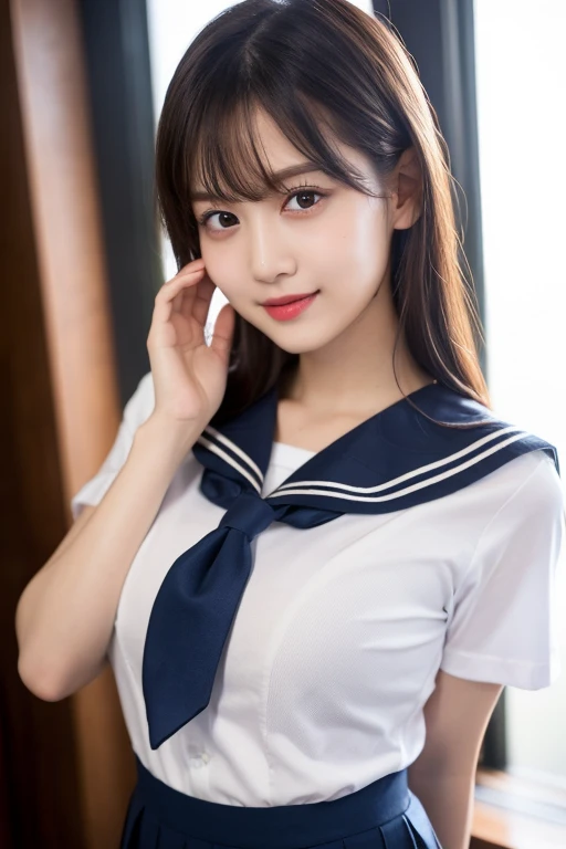 top-quality,ultra-detailliert,masterpiece,realisitic,realisitic,Bright lighting,1 girl in, an extremely beautiful 17-year-old girl, (kawaii:1.2),Thin smile, (Brown eyebrows),perfect glossy skin,flawless skin,((Nogizaka46 Idol)),((erotick,Sexy and sexually explicit)),((accurate hands without incongruity)), large full breasts,big breasts thin waist, Look at viewers,((a sailor suit)),((Short sleeve uniform white shirt)),(red necktie),(Blue Mini Pleated Skirt),