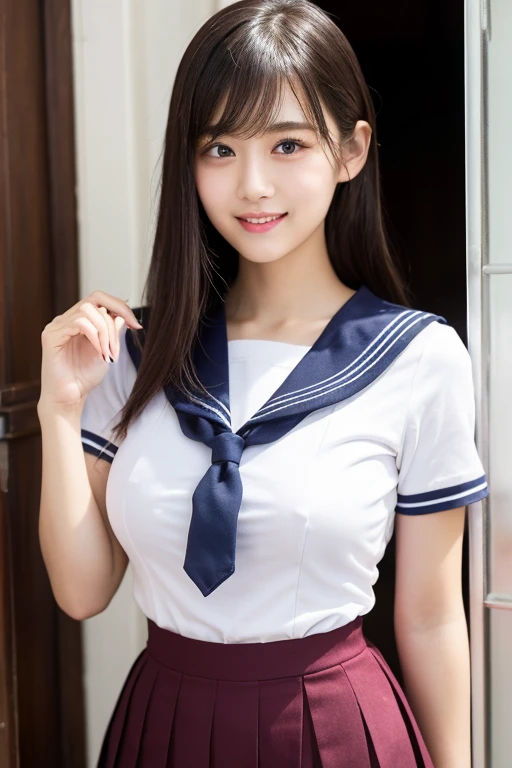 top-quality,ultra-detailliert,masterpiece,realisitic,realisitic,Bright lighting,1 girl in, an extremely beautiful , (kawaii:1.2),Thin smile, (Brown eyebrows),perfect glossy skin,flawless skin,((Nogizaka46 Idol)),((erotick,Sexy and sexually explicit)),((accurate hands without incongruity)), large full breasts,big breasts thin waist, Look at viewers,((a sailor suit)),((Short sleeve uniform white shirt)),(red necktie),(Blue Mini Pleated Skirt),