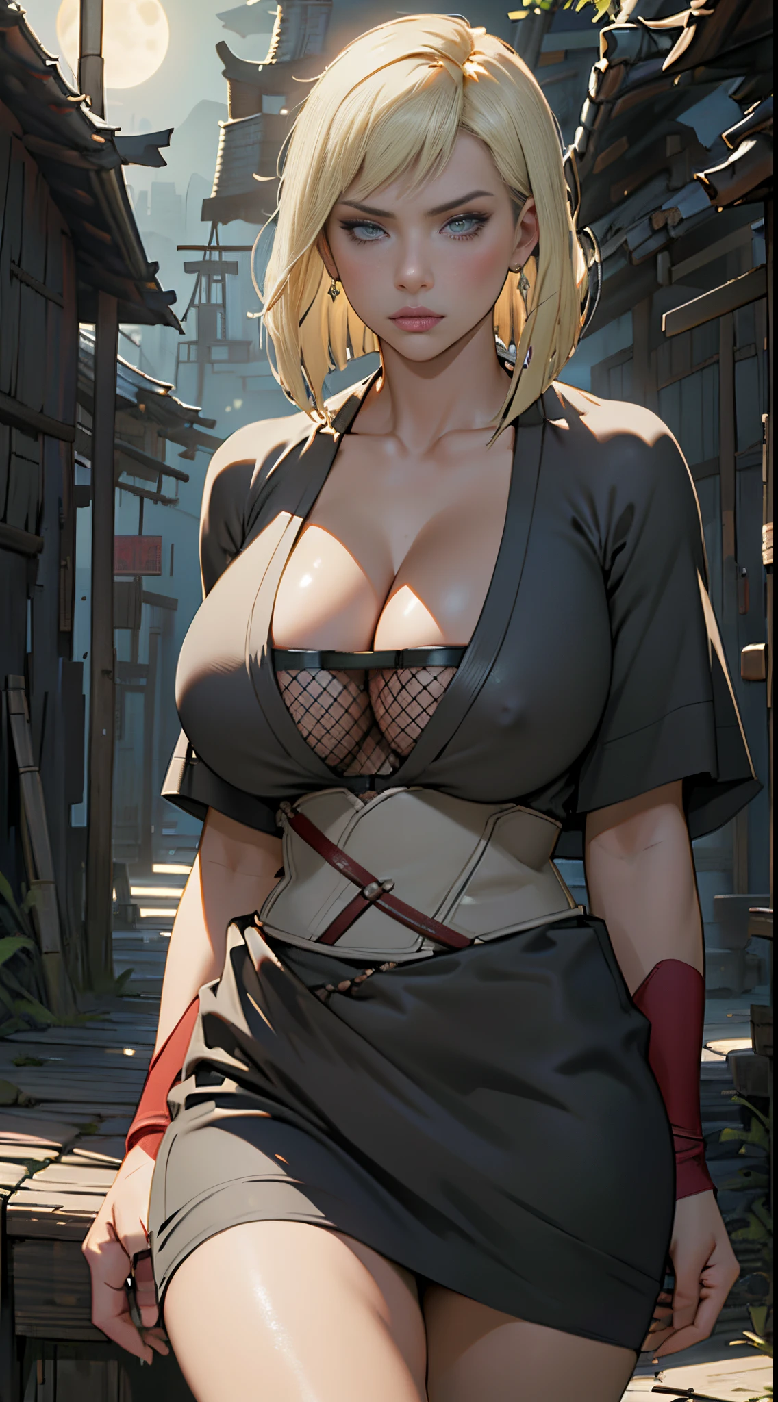 Masterwork, Best Quality, ultra-detailed, dynamic lighting, cinematic lighting, Gigantic boobs, nipples, huge cleavage, Scarlett Johansson, Mikayla Demaiter, (huge titties, masterpiece, best quality, samui, black kimono, cleavage, vambraces, cowboy shot, looking at viewer, emotionless, perfect face, perfect round breasts, ninja village, moonlight, Curvy, buxom, sexy body