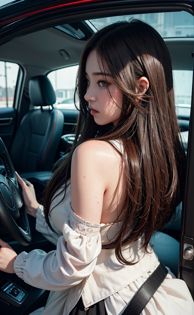 RAW photo, dynamic angle, highly detailed, soft light, 1girl, , full body, pale skin, korean, 14 years old, smiling, in airplane, ponytail black hair, bright blue eyes, freckles, head tilted, cinematic lighting, motion blur, god rays, reflection light, ray tracing, 85mm, Nikon 8k, masterpiece
