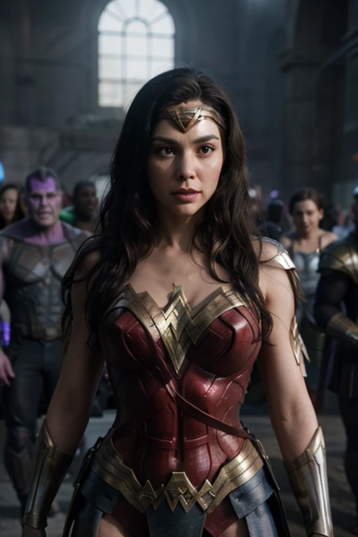 Wonder Woman marries with Thanos. along with the heroes of The Avengers join in the congratulations. Unreal engine5,CGI,VFX