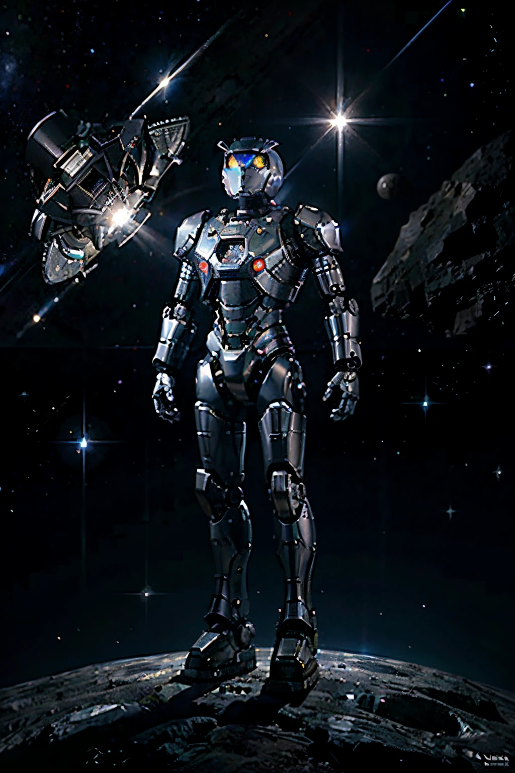 All-metal robot, luzes brilhantes, The robot standing on an asteroid in deep space looking into space.