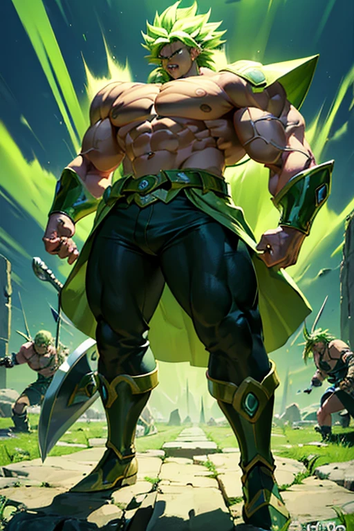 Highly detailed, (masterpiece), best quality, expressive eyes, perfect face, 1man, Long Spiky Raising Hair, Super Saiyan Green hair, green eyes, Bulky Body Builder Masculine body, Green leather Jacket & Jeans, Holding a Gigantic Battle Axe Spear Hammer, combat boots, full body, back view