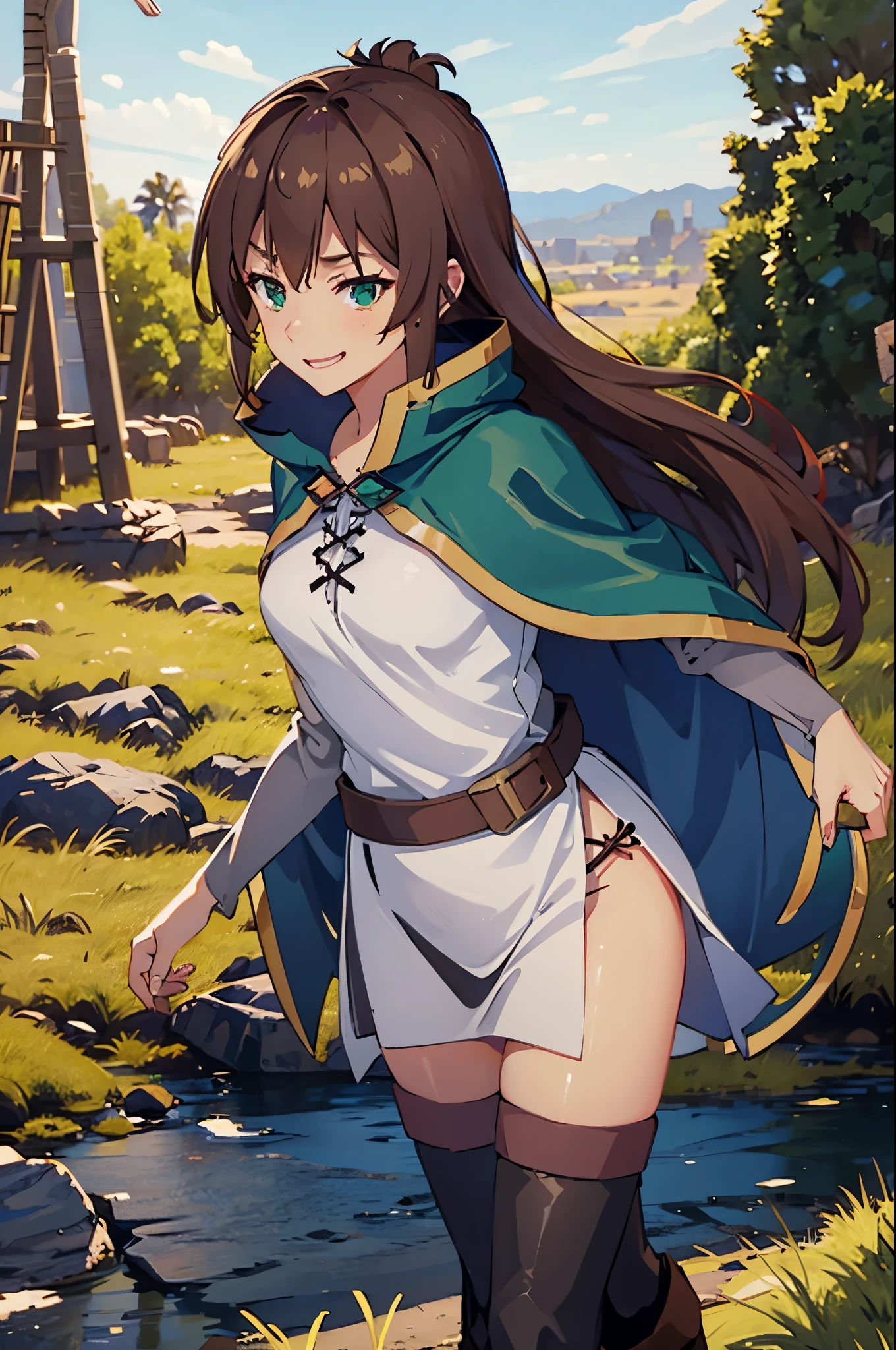 masterpiece, best quality, 1girl, kazuma girl, cowboy shot, (female body:1.3), long hair, brown hair, green eyes, green cape, capelet, boots, black pant, field, smiling, hand to hip, landscape, standing,finely detailed eyes and detailed face, extremely detailed CG unity 8k wallpaper, intricate details,depth of field, black pant, looking at viewer,