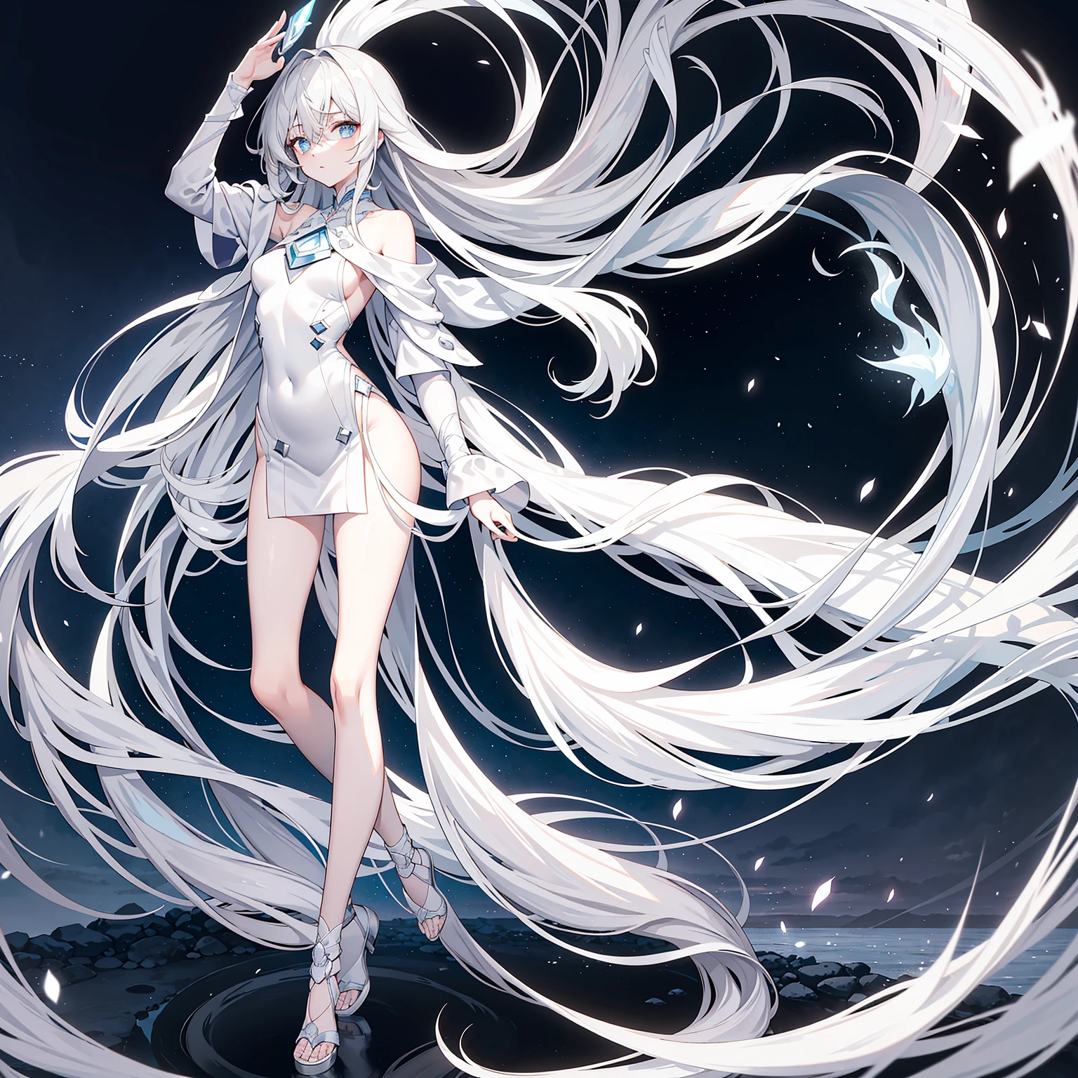 ,Exquisite and cute,Hair over the shoulder, messy hair, Very long hair, shinny hair,(Long gray hair:1.2),A beautyful girl,Lordosis and Kyphosis,Shy and charming,elongated, The white, Slender legs and bare feet,White robe,Step onto the Void Law Formation,Spell suspended in the air,Walk on the hazy white ancient bridge,light blue eyes beautiful face,(Round,Oversized, strong chest),bigger body photos,Close-up of people,(long leges,long leges,long leges,Perfect leg shape,Normal leg shape),Full body photo。Against the backdrop of the wonderful dark night sky
