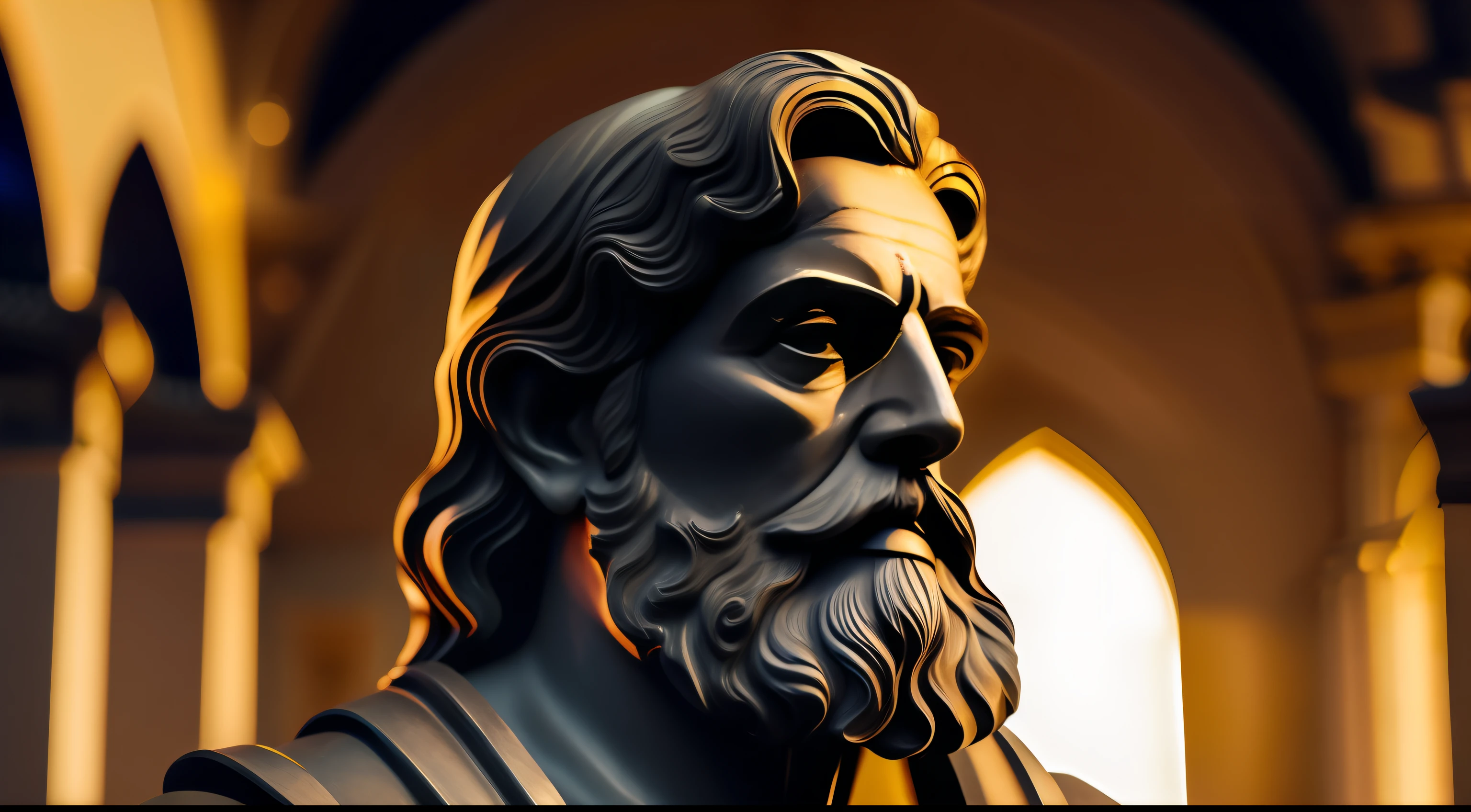 Foto de uma estatua de um deus grego, com barba, philosopher, com um templo ao fundo, 8k, cinematografia, epic light and shadow, muito contraste, fotografia profissional